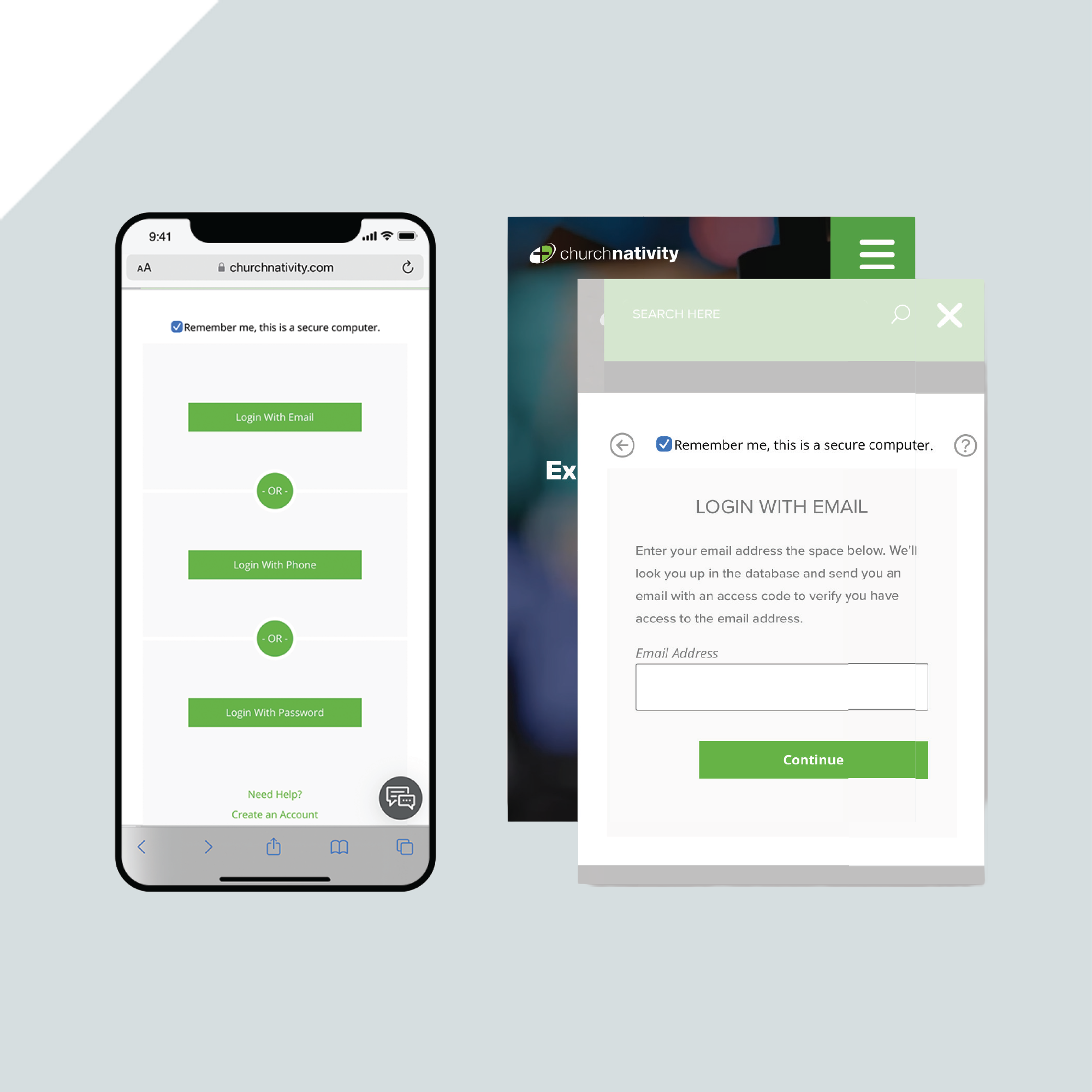 A smartphone and a tablet display a login screen for a website called churchnativity.com, offering options to log in with email, phone, or password. The background is a light gray diagonal split. A smartphone and a tablet display a login screen for a website called churchnativity.com, offering options to log in with email, phone, or password. The background is a light gray diagonal split.