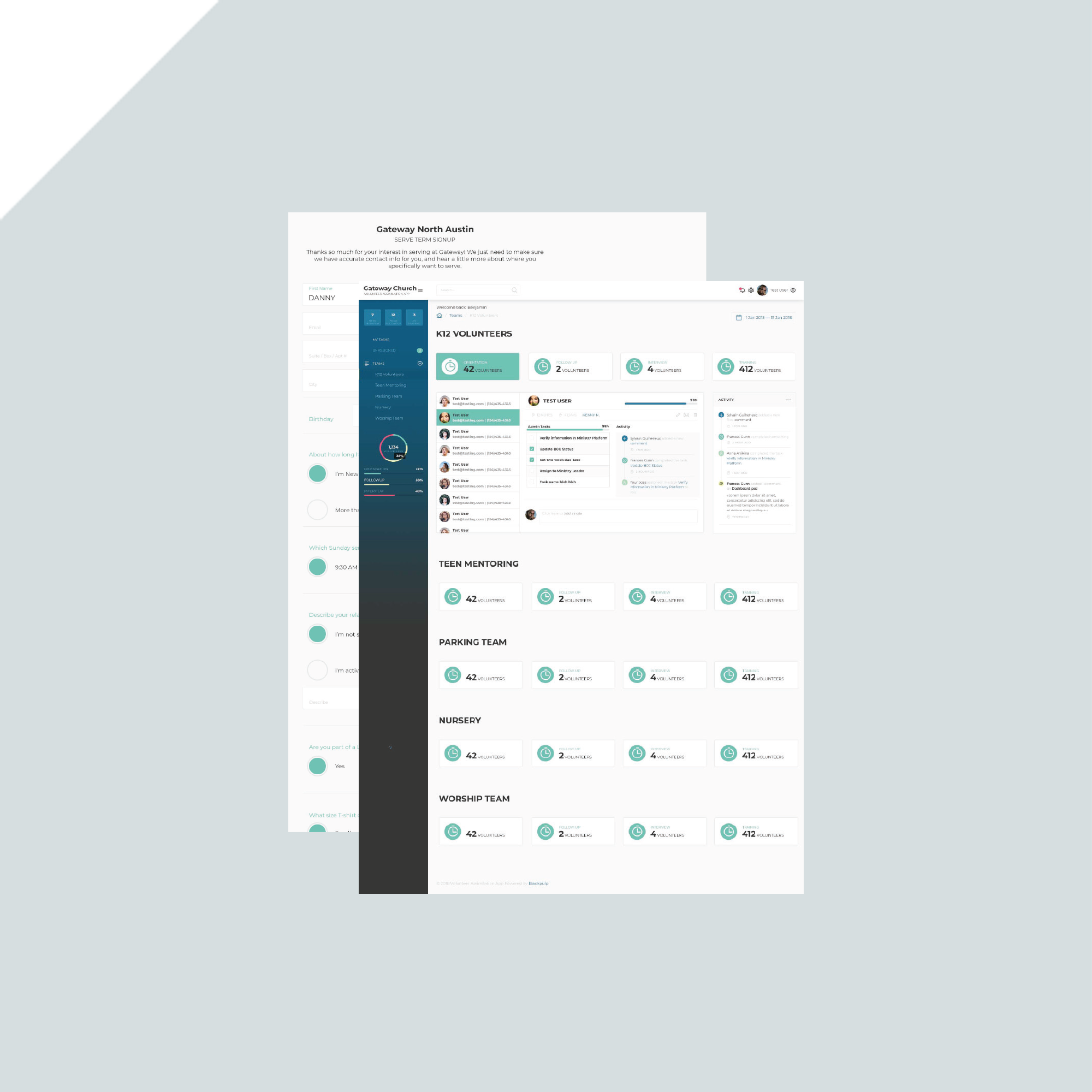 A screenshot of a team management dashboard displaying a list of groups, volunteer roles, member profiles, and scheduled tasks on a light grey background. The layout is organized with sidebar navigation. A screenshot of a team management dashboard displaying a list of groups, volunteer roles, member profiles, and scheduled tasks on a light grey background. The layout is organized with sidebar navigation.