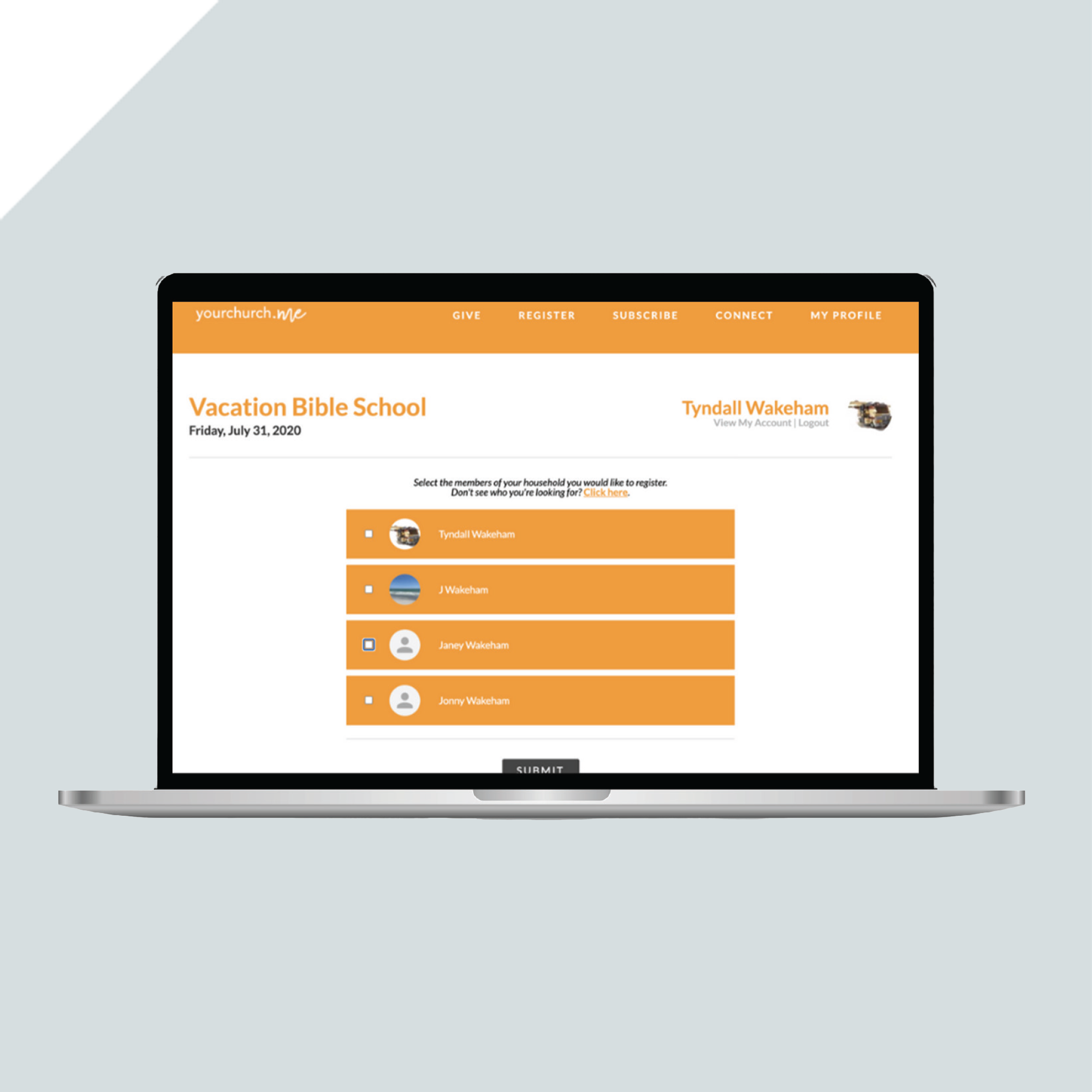 A laptop displays a registration page for Vacation Bible School, listing four participant names and a submit button, with an orange and white color scheme. A laptop displays a registration page for Vacation Bible School, listing four participant names and a submit button, with an orange and white color scheme.