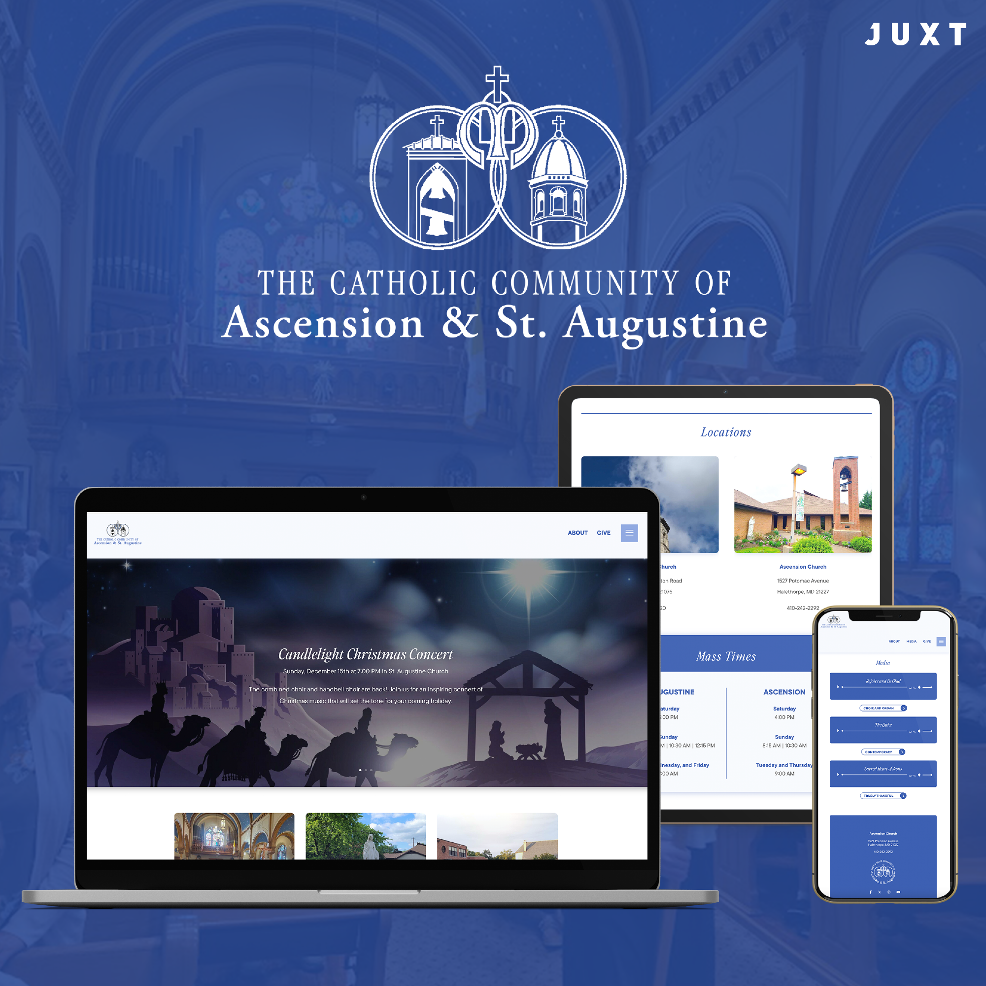 A promotional graphic for The Catholic Community of Ascension & St. Augustine displays their website on a laptop, tablet, and phone overlaid on a church interior background with the church logo and JUXT branding at the top right.