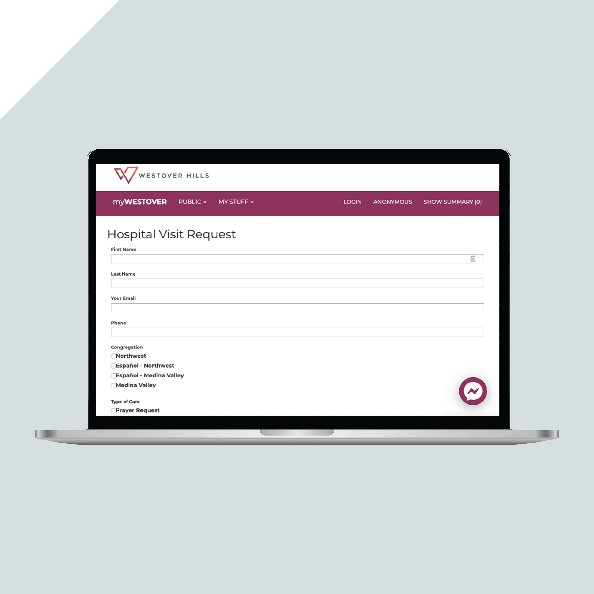 A laptop displays a Hospital Visit Request form from Westover Hills, showing fields for name, email, campus selection, and type of care, against a light gray background. A laptop displays a Hospital Visit Request form from Westover Hills, showing fields for name, email, campus selection, and type of care, against a light gray background.