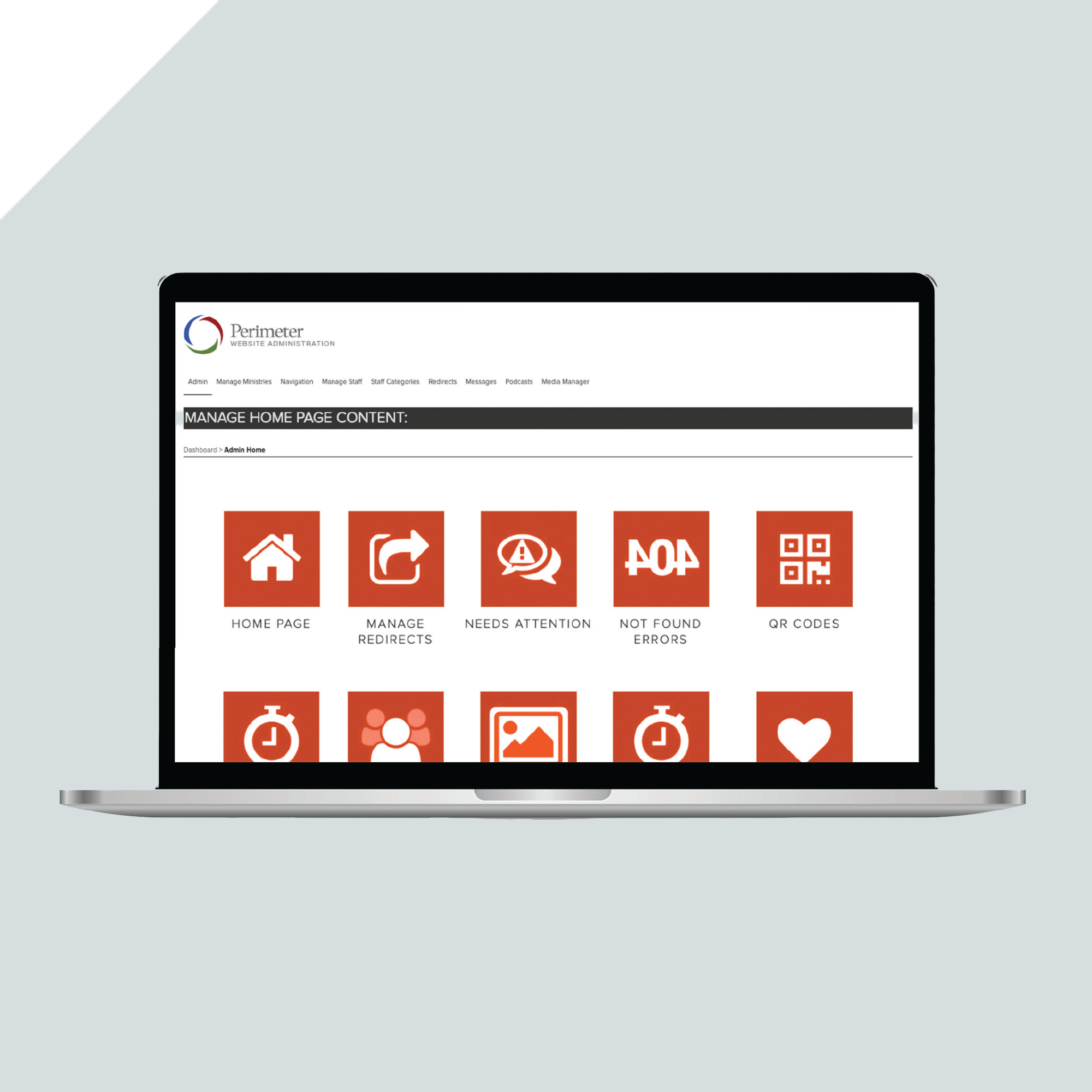 A laptop displaying a website dashboard with orange square icons for Home Page, Manage Redirects, Needs Attention, Not Found Errors, and QR Codes, on a light gray background. A laptop displaying a website dashboard with orange square icons for Home Page, Manage Redirects, Needs Attention, Not Found Errors, and QR Codes, on a light gray background.