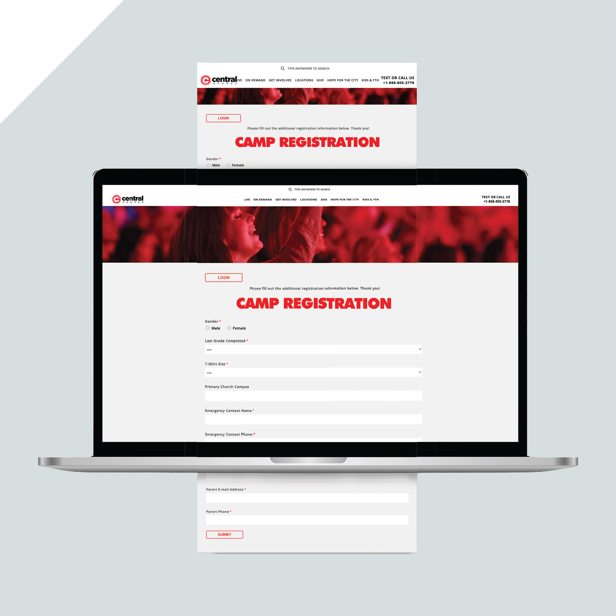 A laptop displaying an online camp registration form for Central, with fields for camper details and emergency contact info; the screen shows a bold red Camp Registration heading. A laptop displaying an online camp registration form for Central, with fields for camper details and emergency contact info; the screen shows a bold red Camp Registration heading.