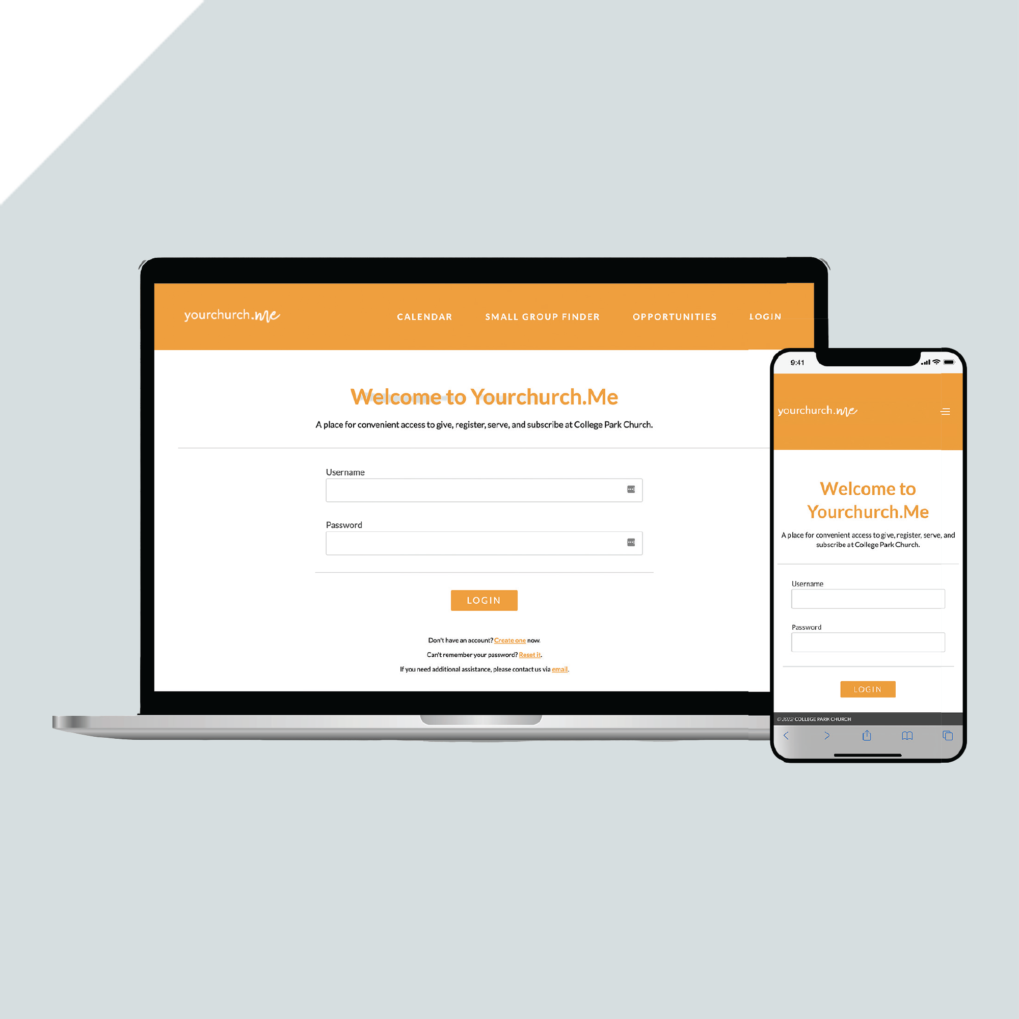 A laptop and smartphone display the Yourchurch.Me login page, featuring fields for username and password, a welcome message, and orange navigation buttons on a clean, white and gray background. A laptop and smartphone display the Yourchurch.Me login page, featuring fields for username and password, a welcome message, and orange navigation buttons on a clean, white and gray background.