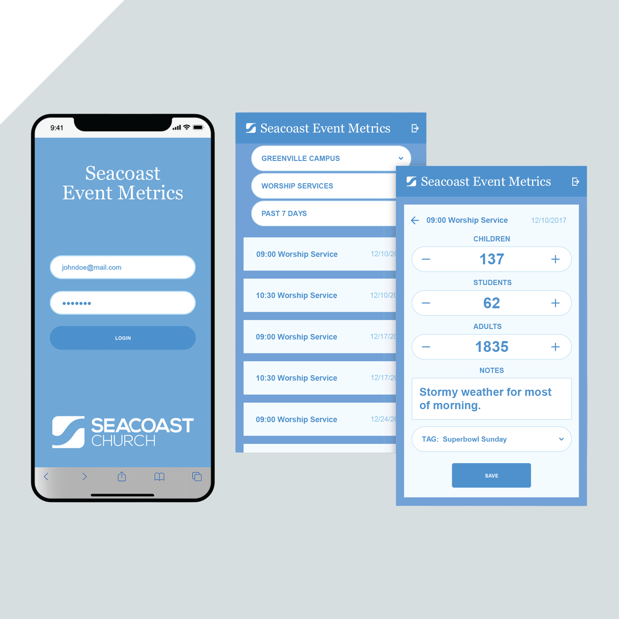 A mobile app interface displays Seacoast Event Metrics with login, event list, and detailed event metrics screens showing attendance numbers and weather notes for a worship service. A mobile app interface displays Seacoast Event Metrics with login, event list, and detailed event metrics screens showing attendance numbers and weather notes for a worship service.