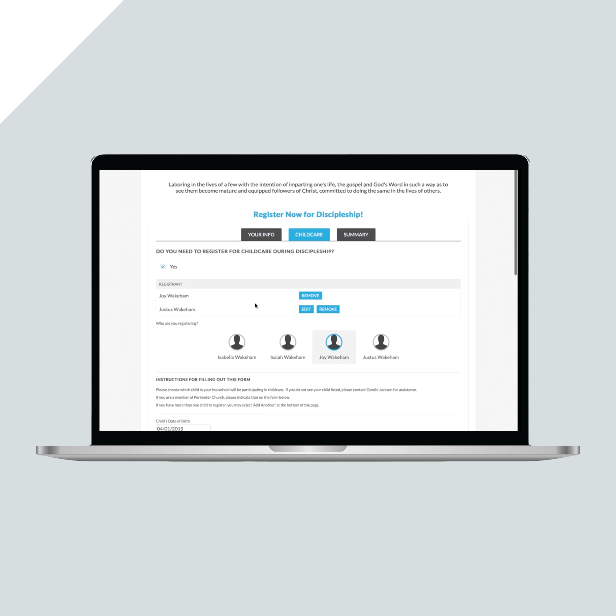 A laptop displays an online registration form for discipleship, including fields for names and options for childcare signup, against a light, minimalist background. A laptop displays an online registration form for discipleship, including fields for names and options for childcare signup, against a light, minimalist background.