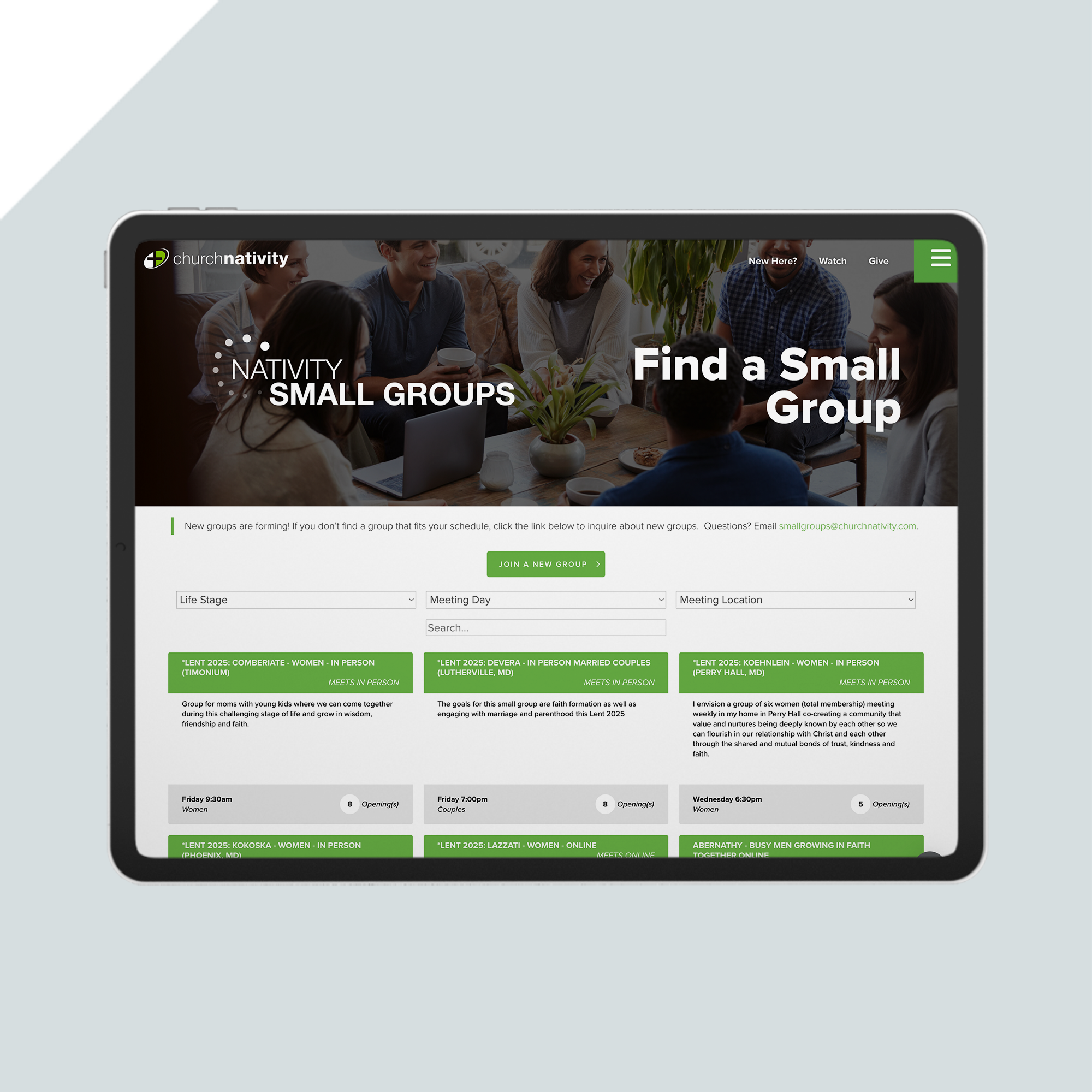 A tablet screen displaying a website for Nativity Small Groups with a header reading Find a Small Group. The page features search filters and a list of available small group options. A tablet screen displaying a website for Nativity Small Groups with a header reading Find a Small Group. The page features search filters and a list of available small group options.