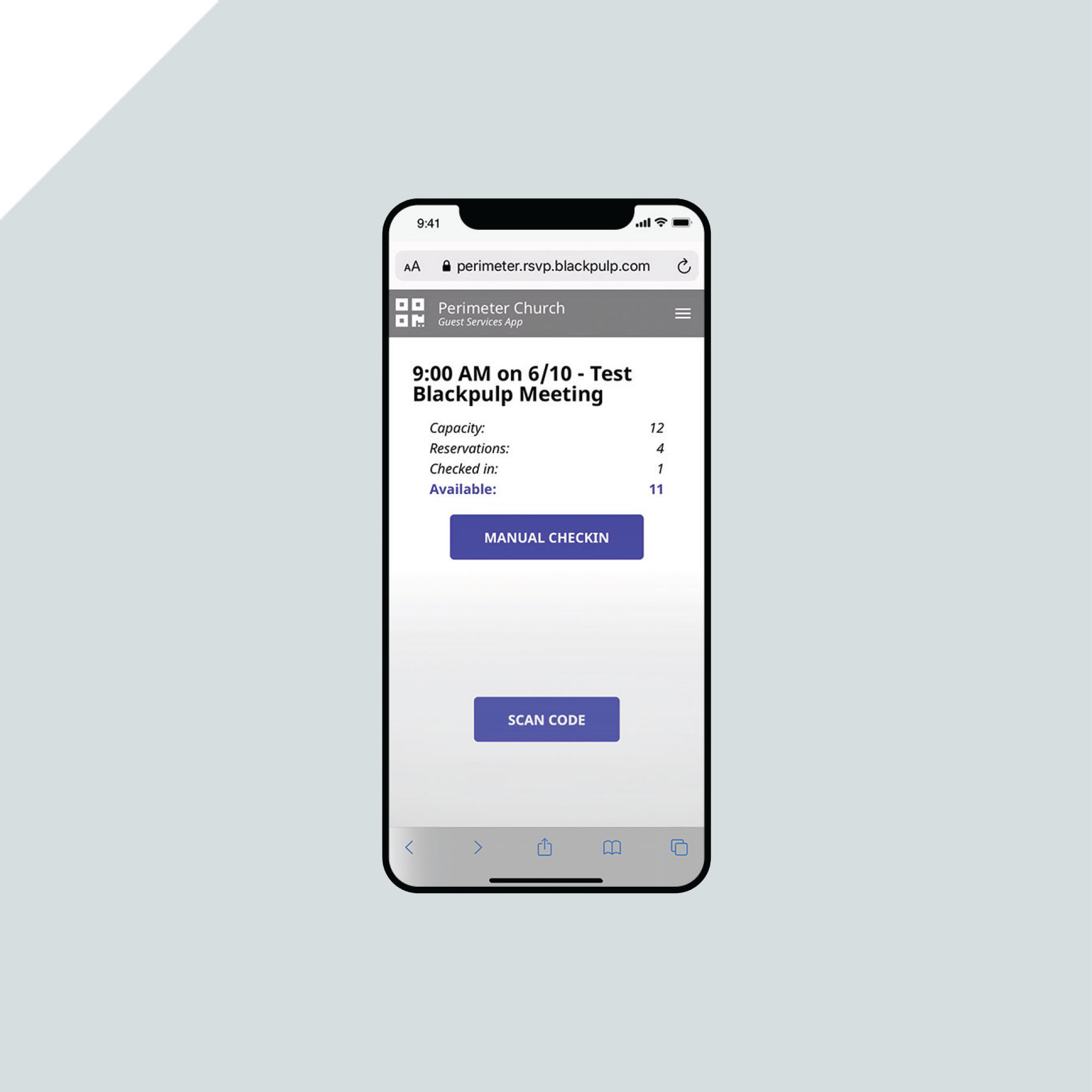 A smartphone displays an event check-in screen showing meeting details, capacity, reservations, checked-in count, available spots, and two buttons labeled Manual Check-In and Scan Code on a light background. A smartphone displays an event check-in screen showing meeting details, capacity, reservations, checked-in count, available spots, and two buttons labeled Manual Check-In and Scan Code on a light background.