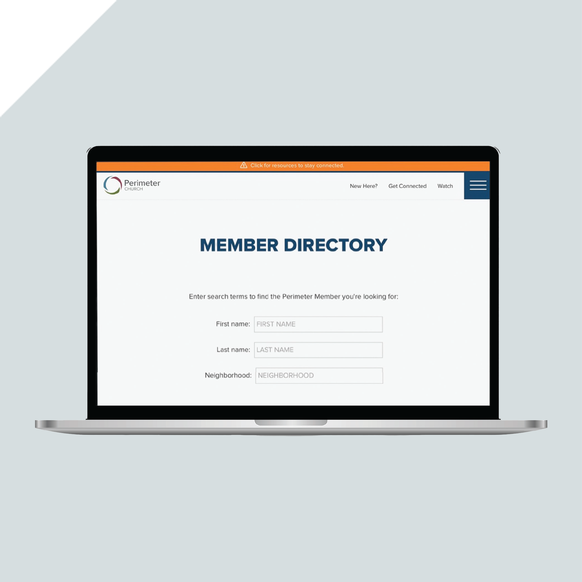A laptop displays a Member Directory webpage with fields to search by first name, last name, and neighborhood. The page has a simple, clean design with white and blue colors. A laptop displays a Member Directory webpage with fields to search by first name, last name, and neighborhood. The page has a simple, clean design with white and blue colors.