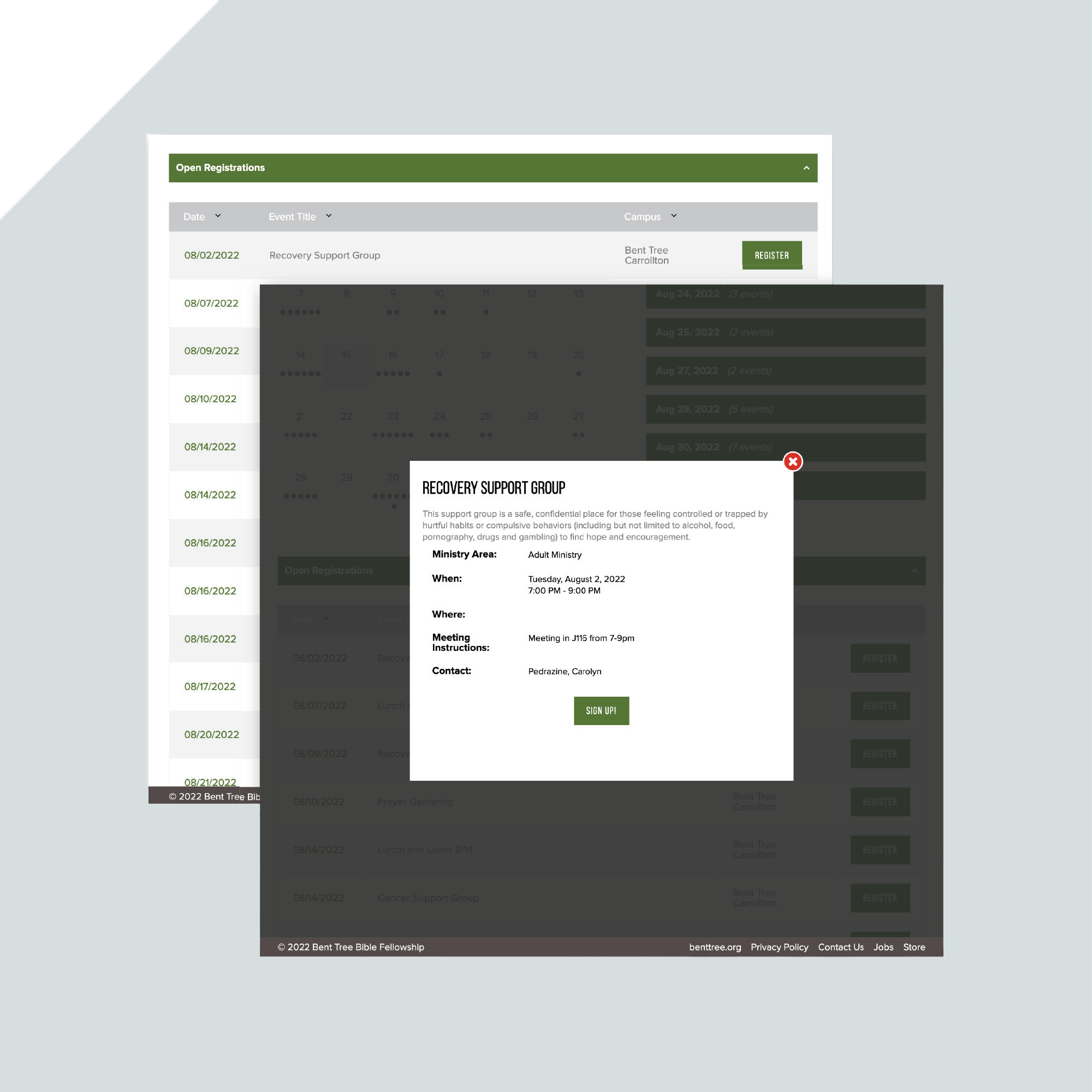 A website registration page displays a list of dates with a pop-up window titled Recovery Support Group, showing event details and a green Sign Up button. The site has a gray header and footer. A website registration page displays a list of dates with a pop-up window titled Recovery Support Group, showing event details and a green Sign Up button. The site has a gray header and footer.