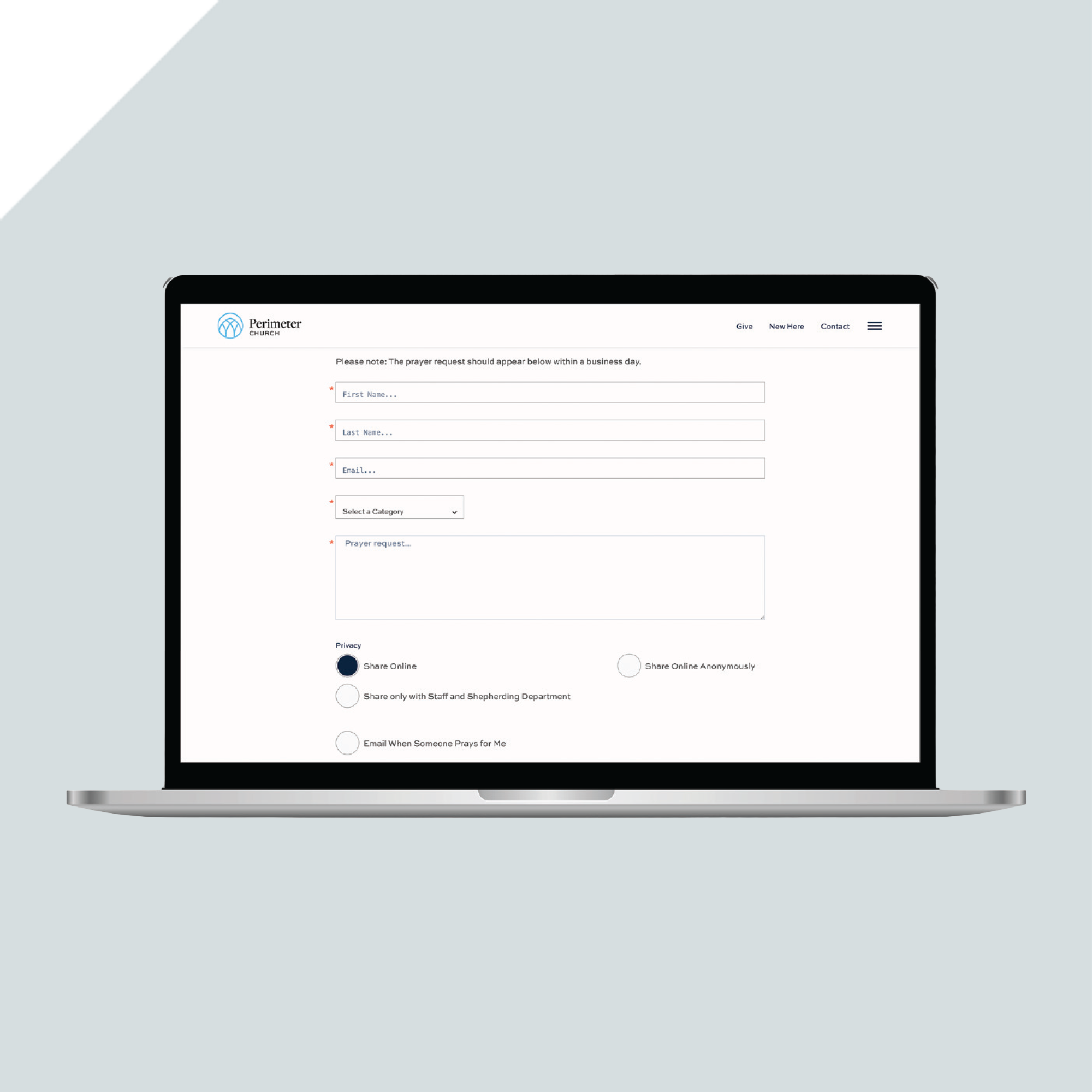 A laptop displays an online prayer request form with fields for first and last name, email, prayer category, request details, and privacy options on a light gray background. A laptop displays an online prayer request form with fields for first and last name, email, prayer category, request details, and privacy options on a light gray background.