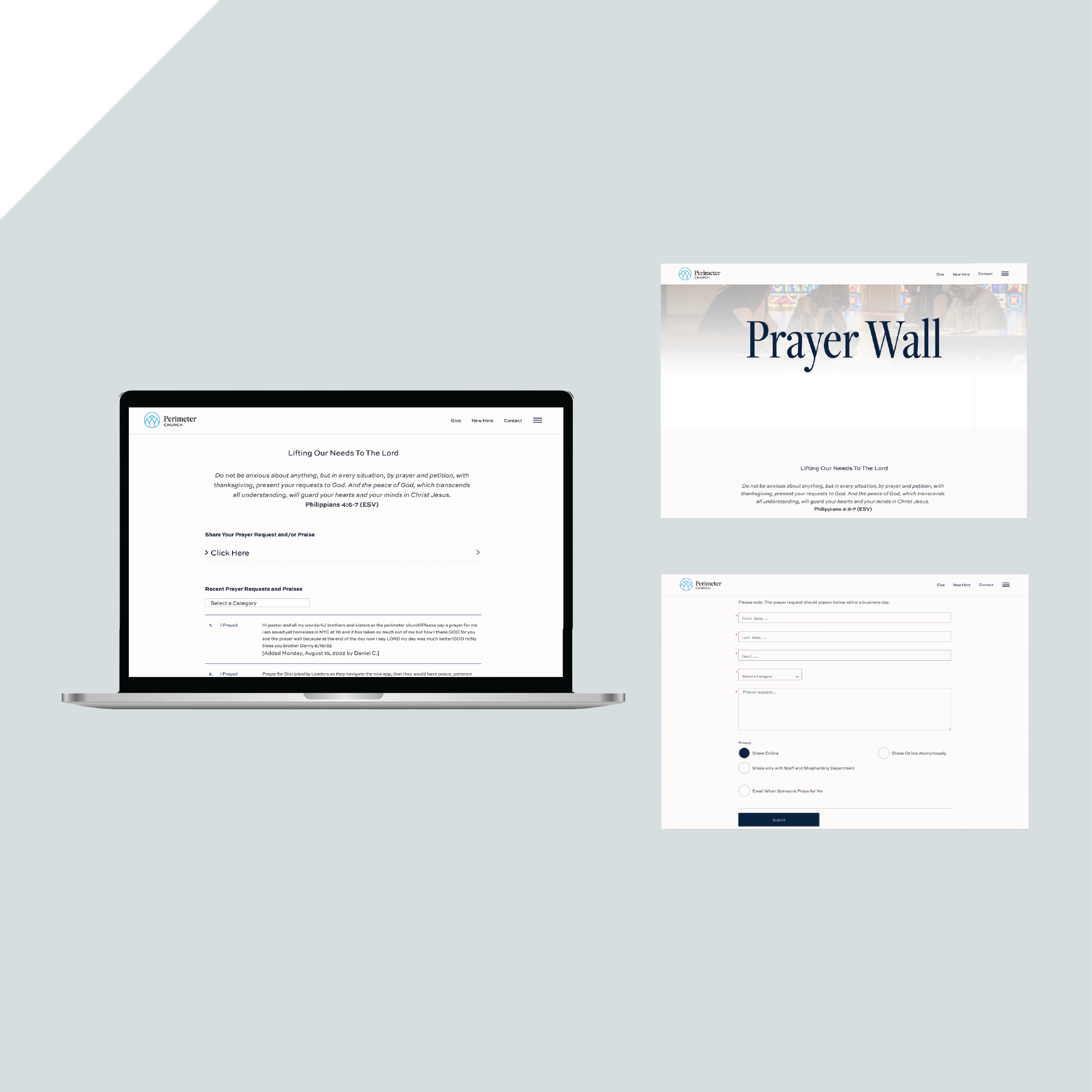A laptop and two website screenshots display a digital Prayer Wall platform, showing sections for submitting prayer requests and reading messages, on a light gray background with a geometric white corner. A laptop and two website screenshots display a digital Prayer Wall platform, showing sections for submitting prayer requests and reading messages, on a light gray background with a geometric white corner.