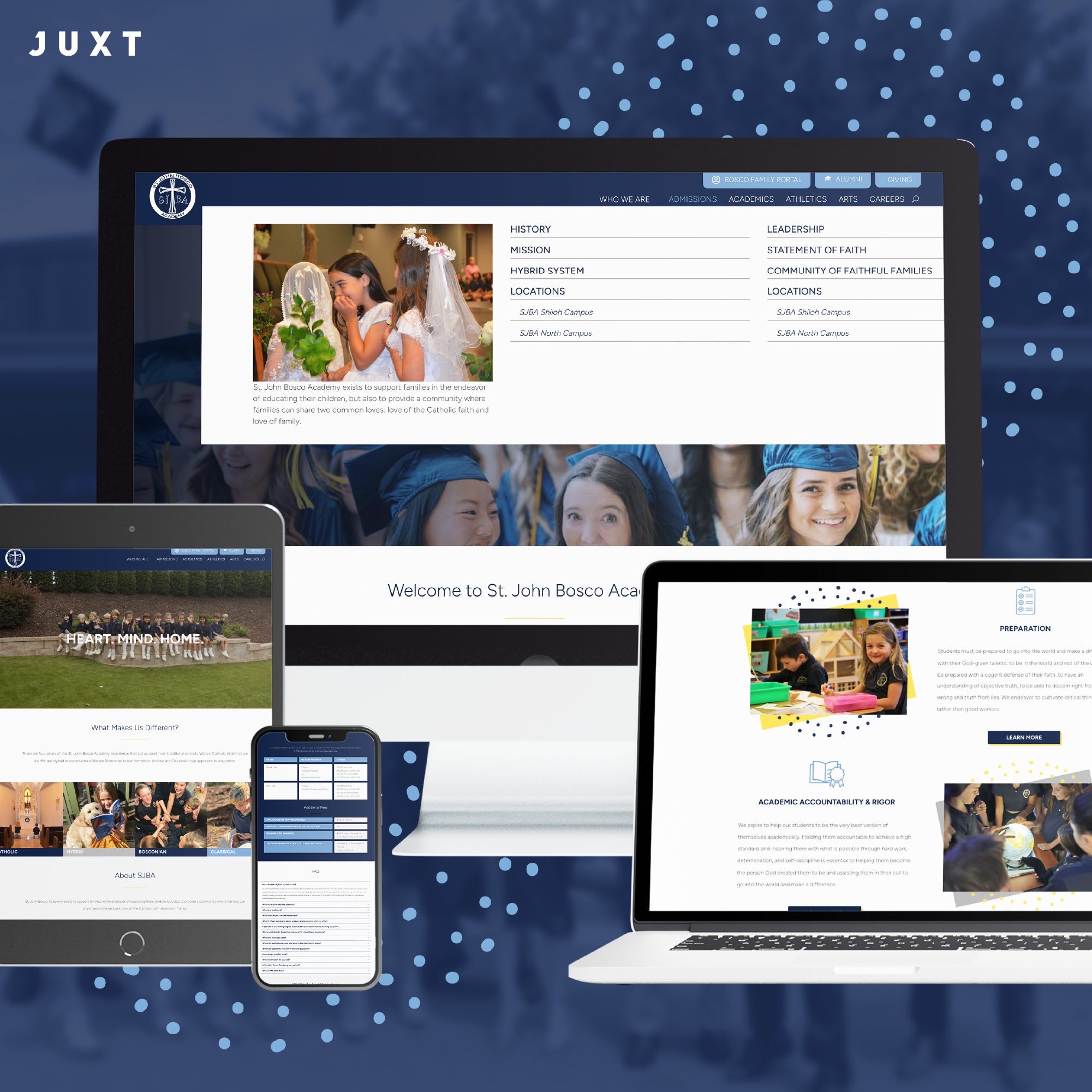 Multiple electronic devices display the St. John Bosco Academy website, showcasing students, school information, academic programs, and navigation menus, against a blue background with digital dots and the JUXT logo.