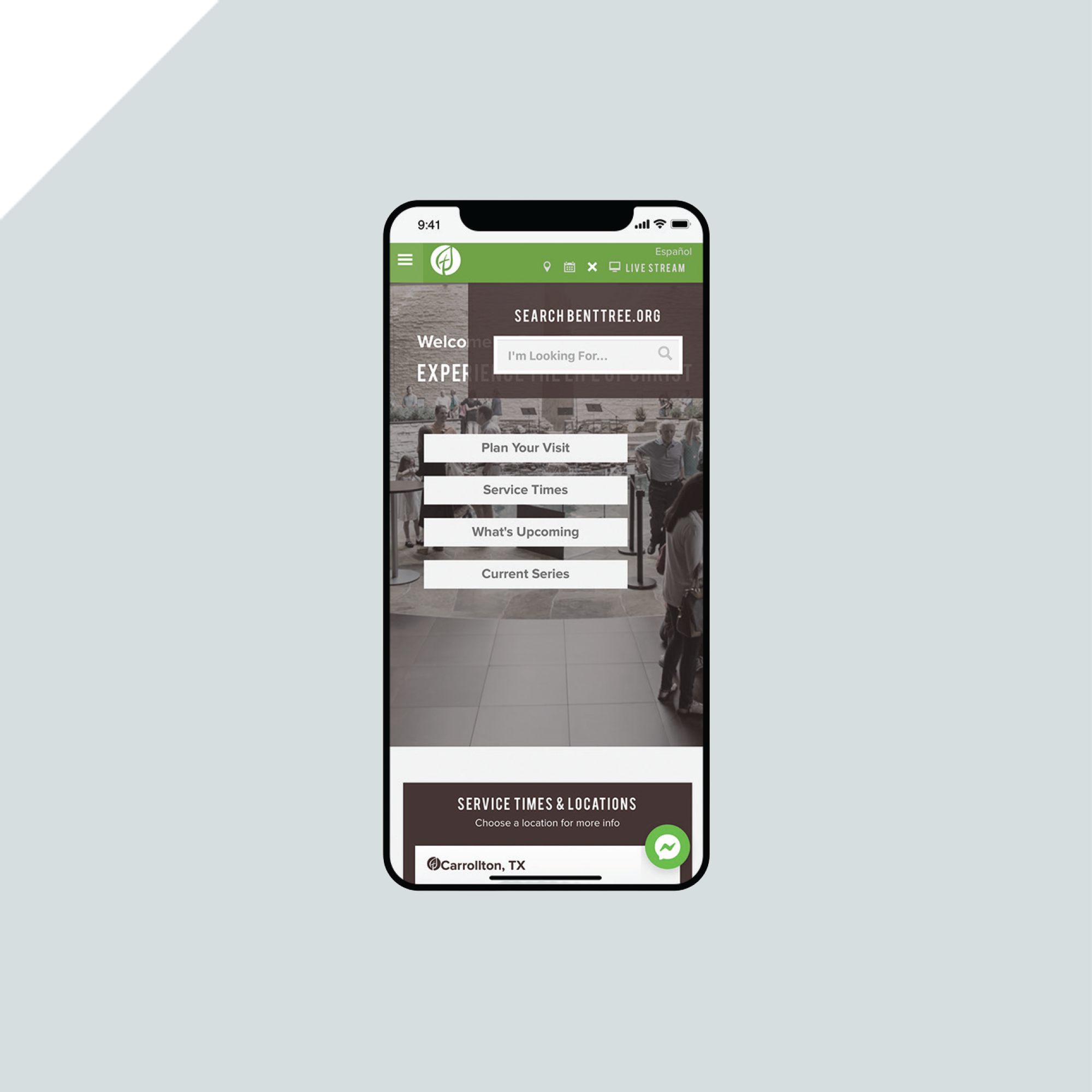 Smartphone screen displaying a church website with options: Plan Your Visit, Service Times, Whats Upcoming, and Current Series. The background is a photo of people in a building. The site header reads searchbenttree.org. Smartphone screen displaying a church website with options: Plan Your Visit, Service Times, Whats Upcoming, and Current Series. The background is a photo of people in a building. The site header reads searchbenttree.org.