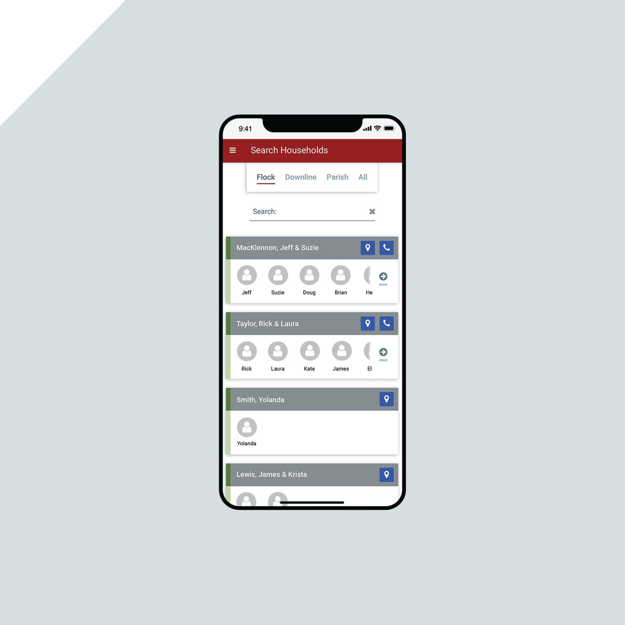 A smartphone displays a household management app with a search bar and several household entries, each listing names and profile icons, on a light gray background. A smartphone displays a household management app with a search bar and several household entries, each listing names and profile icons, on a light gray background.