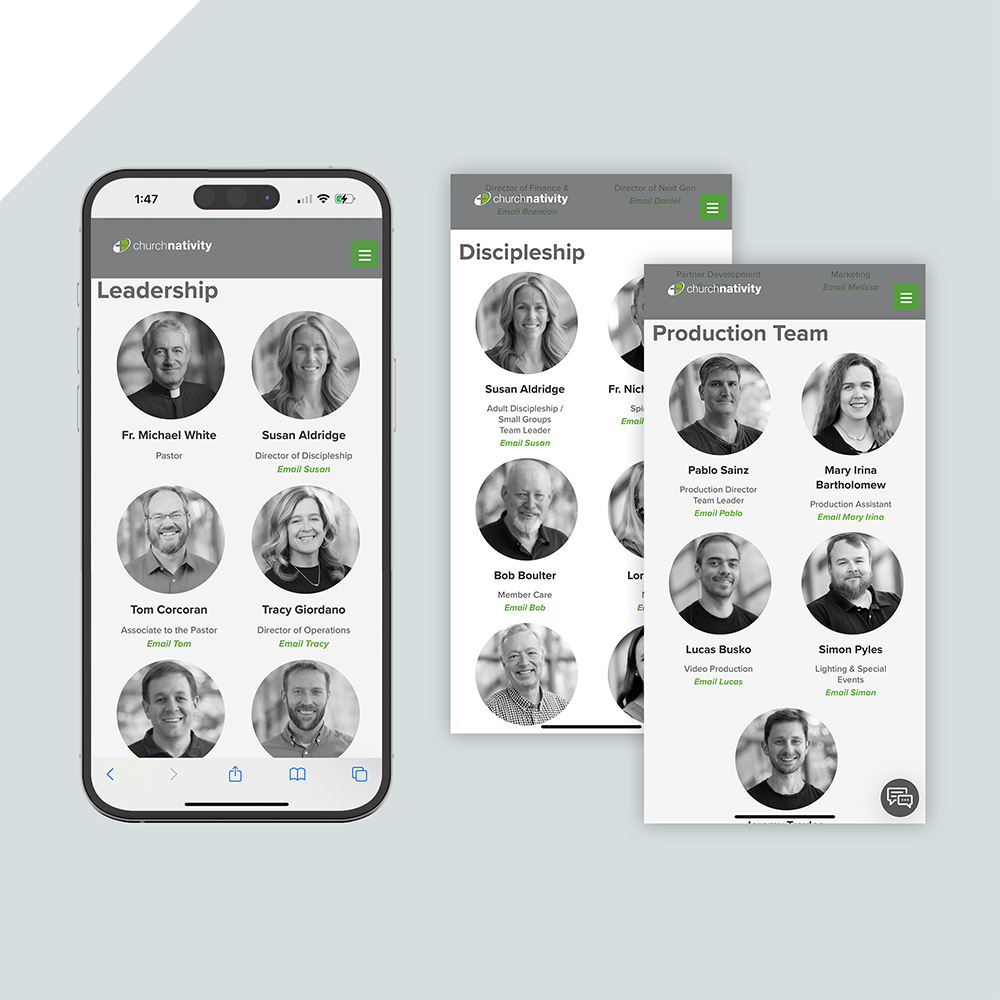 Three digital staff directory cards for a church show team members black-and-white headshots, names, and roles under sections: Leadership, Discipleship, and Production Team, displayed on smartphones. Three digital staff directory cards for a church show team members black-and-white headshots, names, and roles under sections: Leadership, Discipleship, and Production Team, displayed on smartphones.