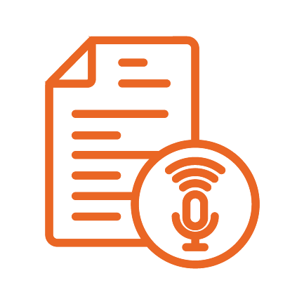 An orange icon of a document with lines of text next to a circular microphone symbol emitting sound waves, representing audio transcription or voice-to-text. An orange icon of a document with lines of text next to a circular microphone symbol emitting sound waves, representing audio transcription or voice-to-text.