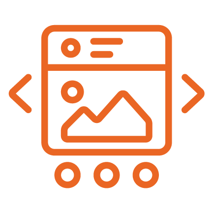 Orange line icon showing an image gallery interface with navigation arrows on each side and three circles below, indicating a photo or image slideshow. Orange line icon showing an image gallery interface with navigation arrows on each side and three circles below, indicating a photo or image slideshow.