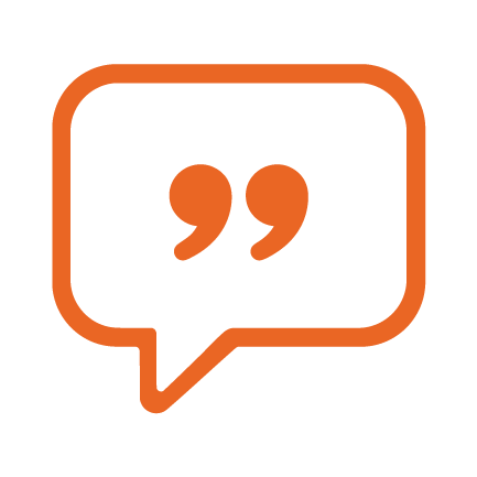 An orange speech bubble icon with a pair of quotation marks inside, symbolizing communication or quoting text, on a white background. An orange speech bubble icon with a pair of quotation marks inside, symbolizing communication or quoting text, on a white background.