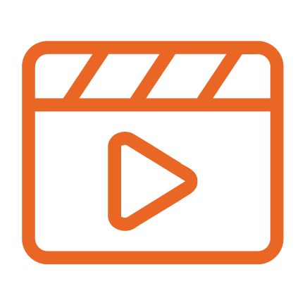An orange outline of a clapperboard with a play button in the center, representing a video or media file icon. An orange outline of a clapperboard with a play button in the center, representing a video or media file icon.
