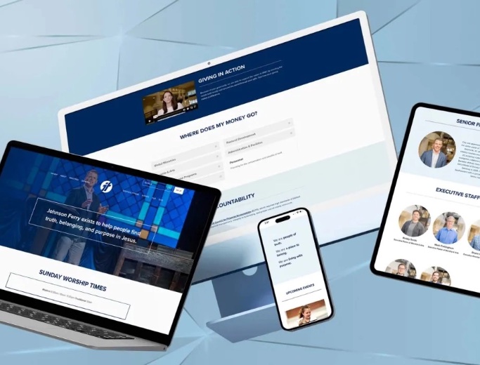 A laptop, desktop monitor, smartphone, and tablet display various website pages, including worship times, staff profiles, giving information, and financial accountability, all on a blue and white geometric background. A laptop, desktop monitor, smartphone, and tablet display various website pages, including worship times, staff profiles, giving information, and financial accountability, all on a blue and white geometric background.