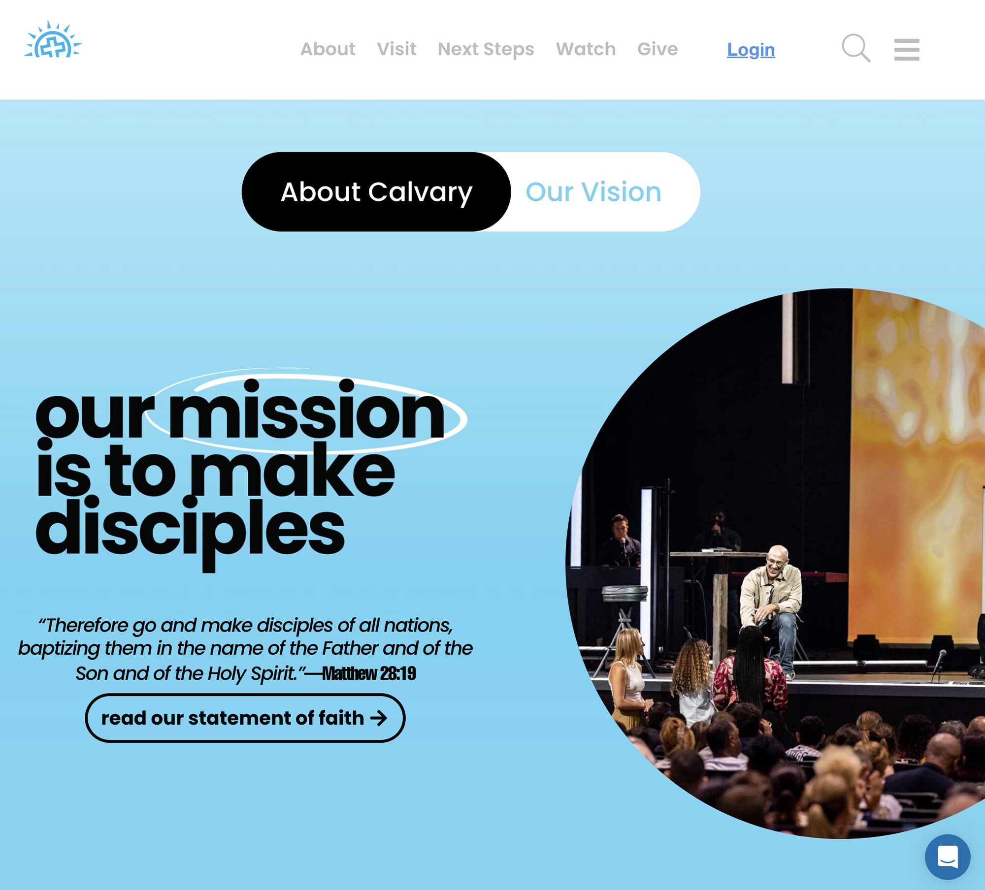 A website homepage with the heading “our mission is to make disciples.” Below, people are seated facing a stage with a speaker. There are navigation links at the top and a button to read the statement of faith.