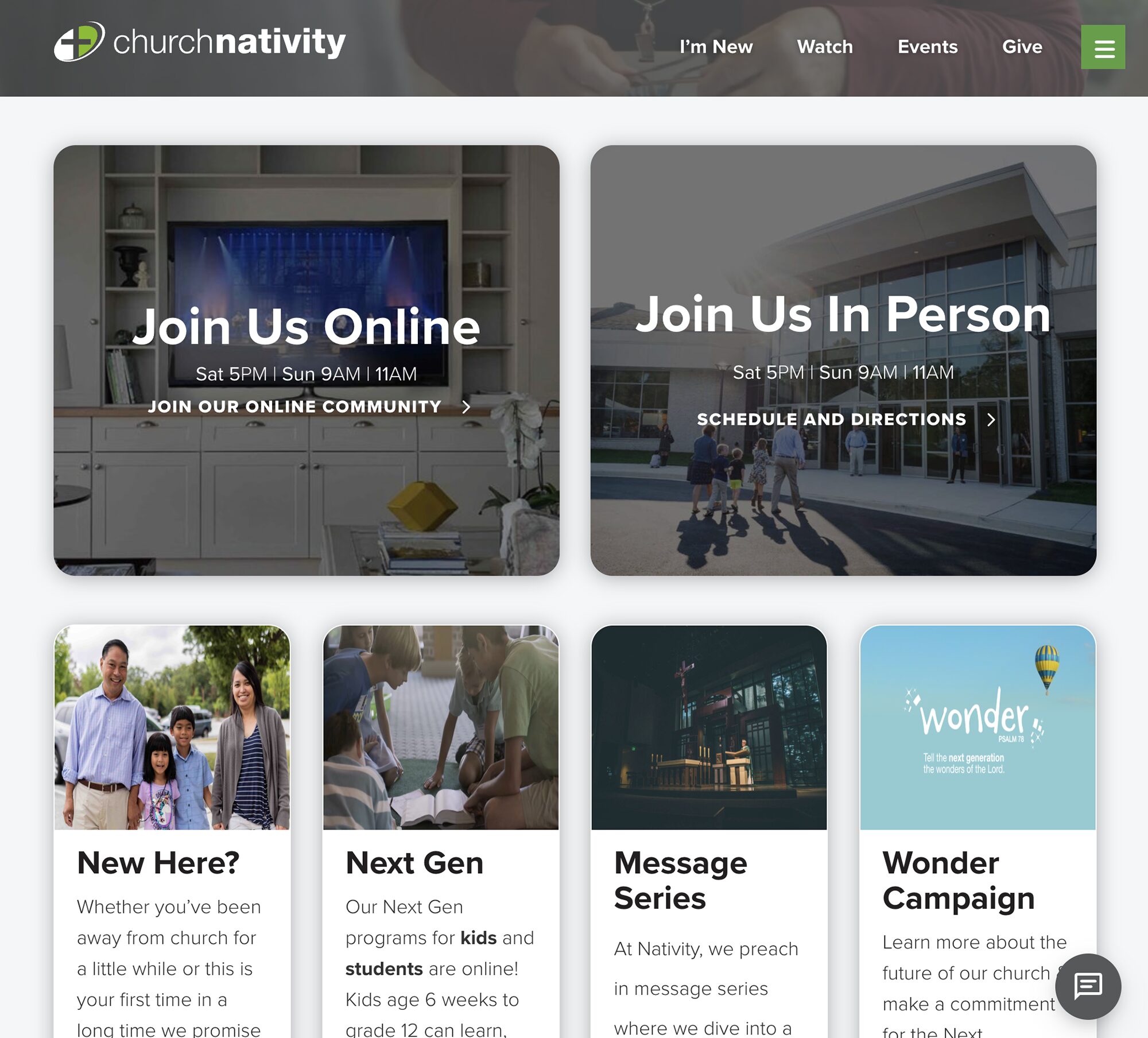 Screenshot of a church website homepage with options to join online or in person, plus sections for newcomers, kids programs, message series, and a Wonder Campaign. The layout uses boxes and modern graphics.