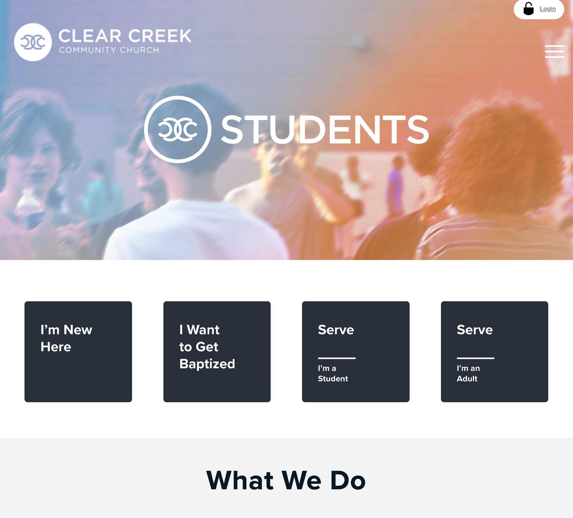 A website page for Clear Creek Community Church’s student ministry, featuring a blurred photo of young people socializing and four buttons: “I’m New Here,” “I Want to Get Baptized,” “Serve (Student),” and “Serve (Adult).”.