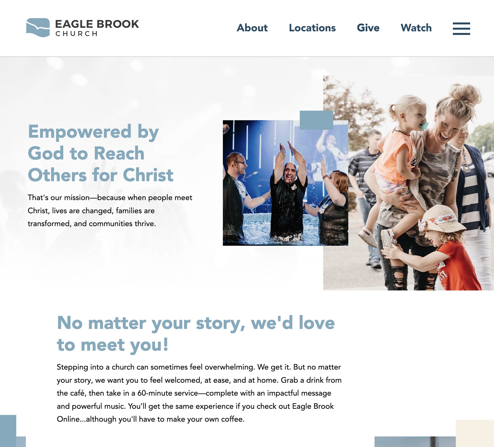 Screenshot of a church website highlighting its mission. The left side features blue text about community and a welcoming message. The right shows photos of joyful adults and children at church events, including baptisms and group activities.