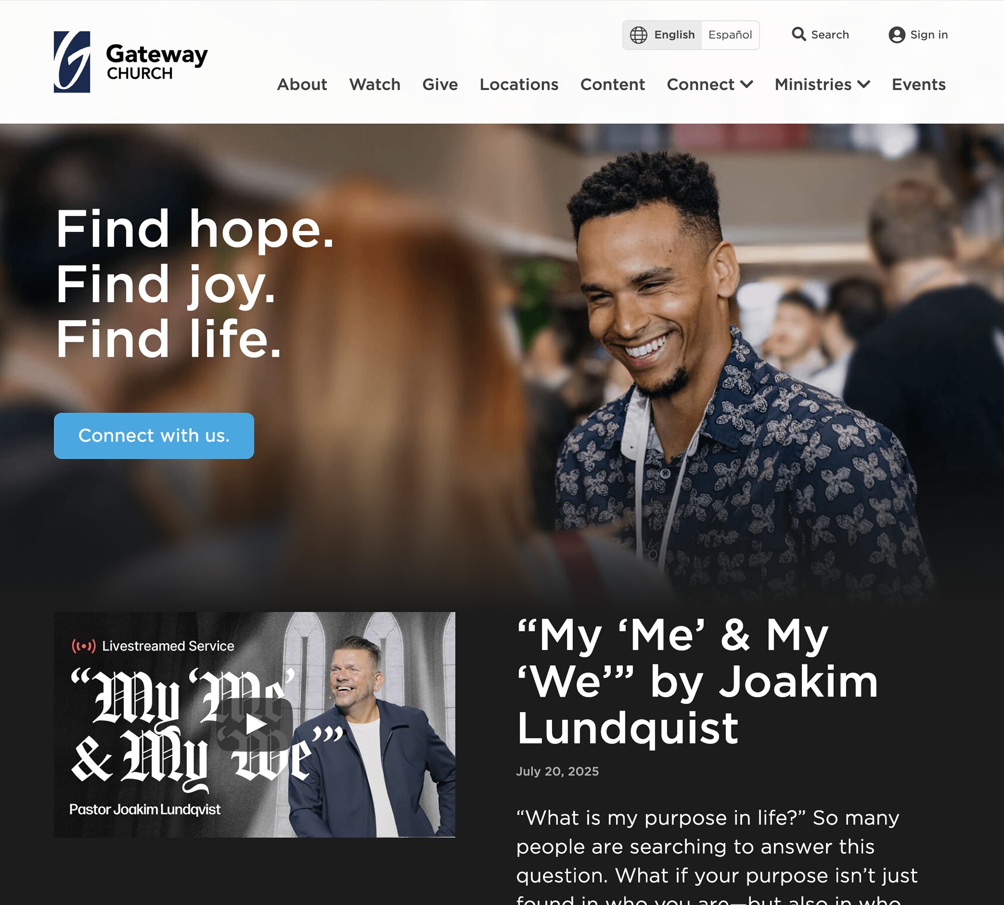 A smiling man in a suit stands in focus at a church event. Overlay text reads, Find hope. Find joy. Find life. Connect with us. Below is a section promoting a livestream service by Joakim Lundqvist.