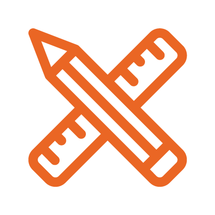 An orange icon of a pencil and a ruler crossed over each other, outlined in bold lines. An orange icon of a pencil and a ruler crossed over each other, outlined in bold lines.
