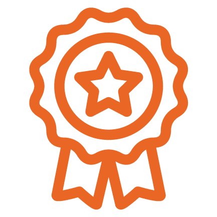 An orange outline of an award ribbon with a star in the center and two tails hanging down. An orange outline of an award ribbon with a star in the center and two tails hanging down.