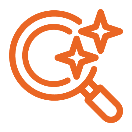 An orange magnifying glass with two sparkling stars inside the lens, symbolizing discovery or searching with positive results. An orange magnifying glass with two sparkling stars inside the lens, symbolizing discovery or searching with positive results.