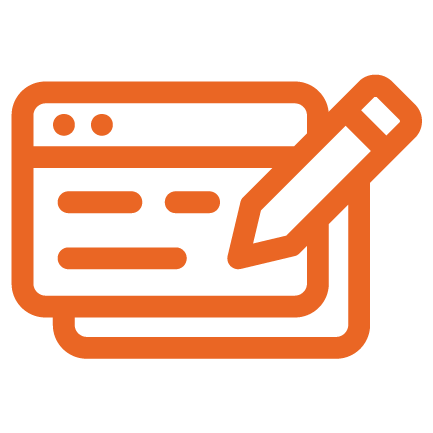 An orange icon of a webpage with horizontal lines representing text and a pencil symbol overlapping, indicating writing or editing web content. An orange icon of a webpage with horizontal lines representing text and a pencil symbol overlapping, indicating writing or editing web content.