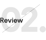The image shows the word Review overlaid on a large, faint 02. with a diagonal line crossing through both the text and number. The background is light gray.