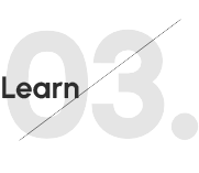 The word Learn appears in bold black text, overlapping a large, light gray number 03. A thin diagonal line crosses both the text and the number. The background is light gray.