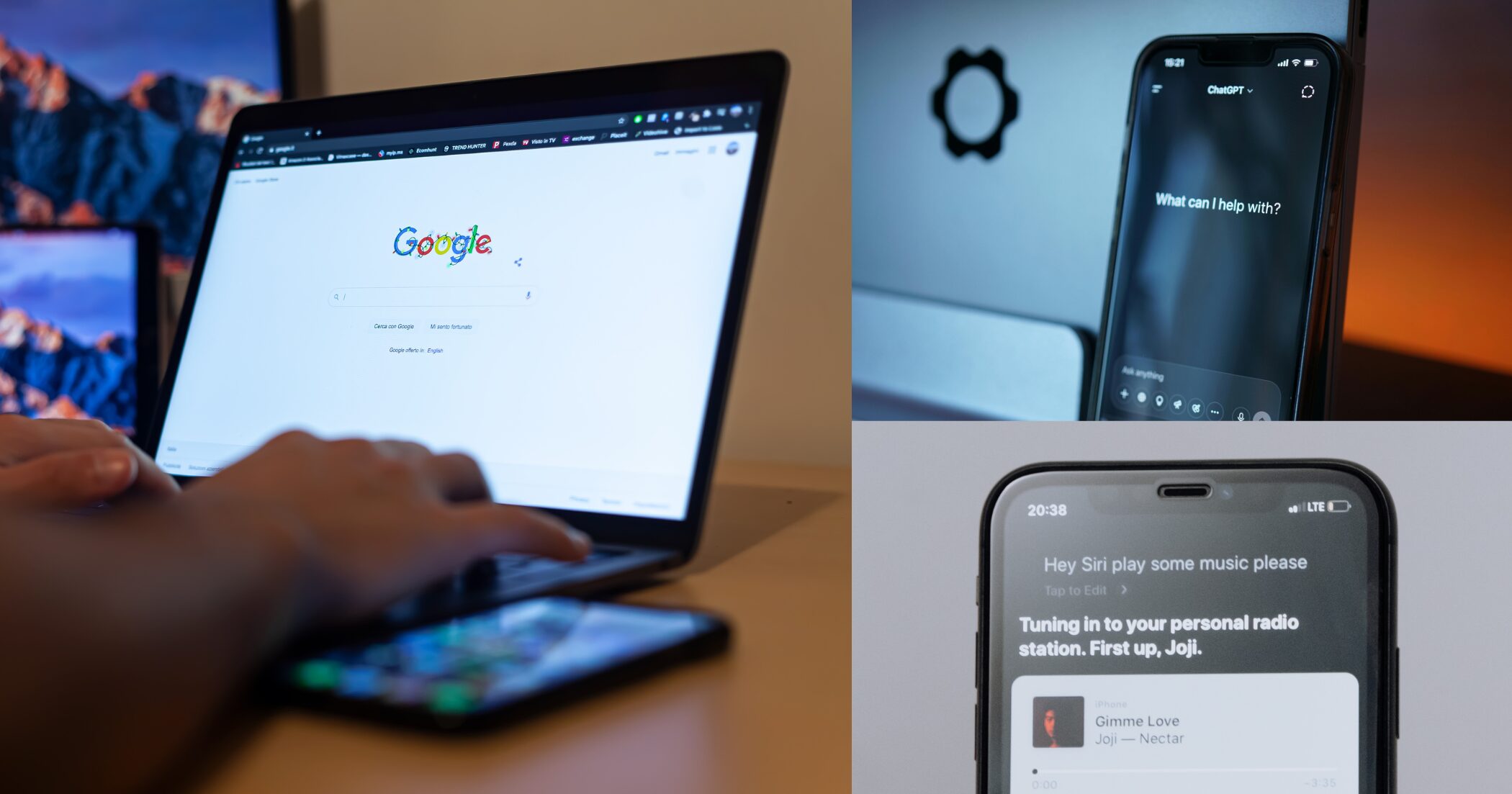 A hand uses a laptop with the Google homepage open—ideal for SEO research—while two smartphones display virtual assistants: one with Siri’s “What can I help with?” prompt and another playing a Joji song via Siri.