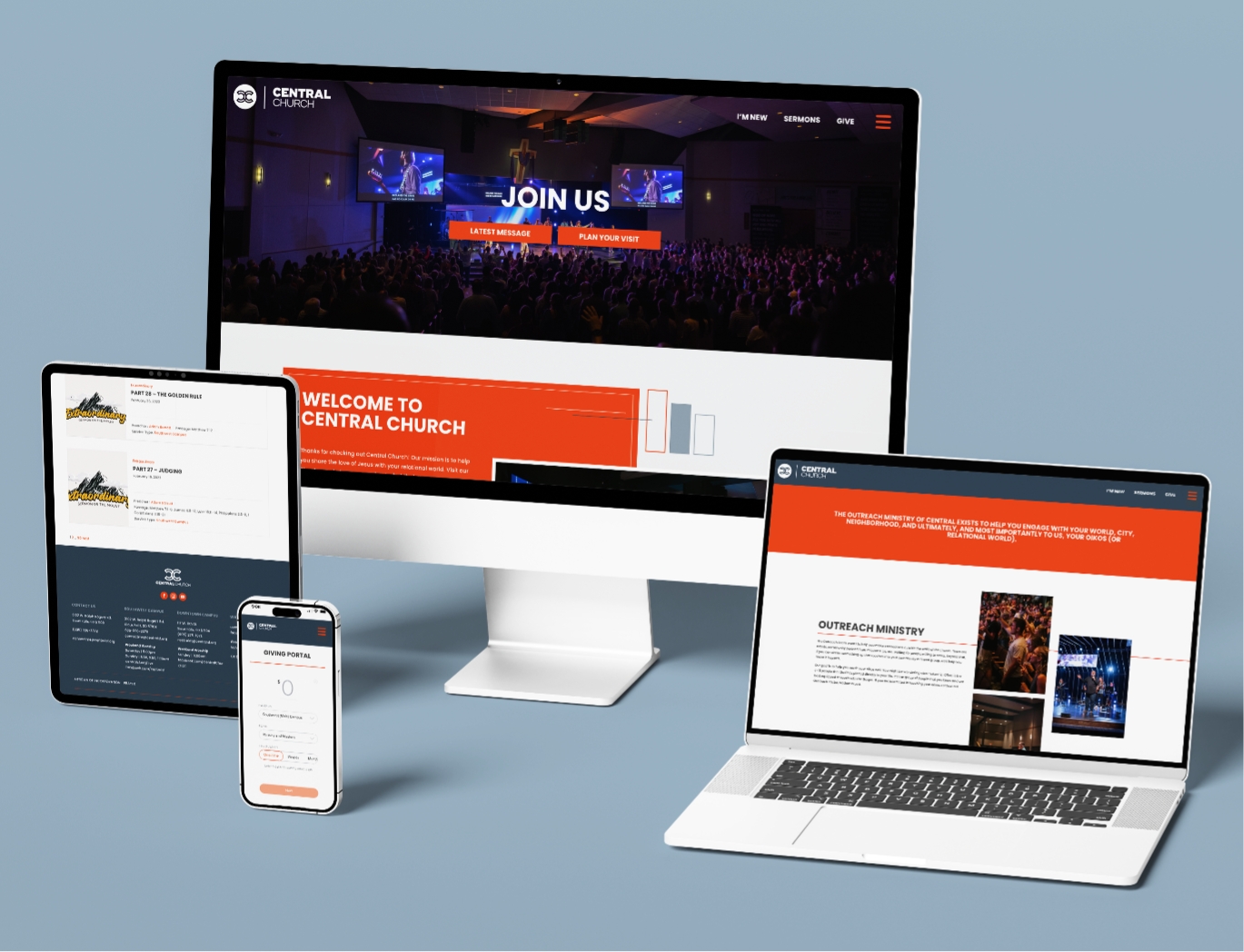 A desktop monitor, laptop, tablet, and smartphone display the Central Church website, each showing different sections, emphasizing responsive web design on various devices, all set against a light blue background.