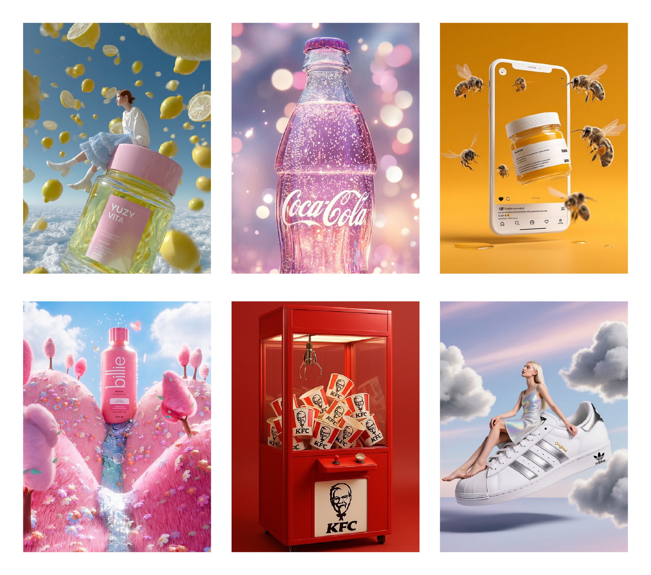 A collage of six vibrant ads: skincare bottles floating with fruit, a sparkling Coca-Cola bottle, honey skincare with bees, a drink among bubblegum, a KFC claw machine, and a woman on giant Adidas shoes among clouds.