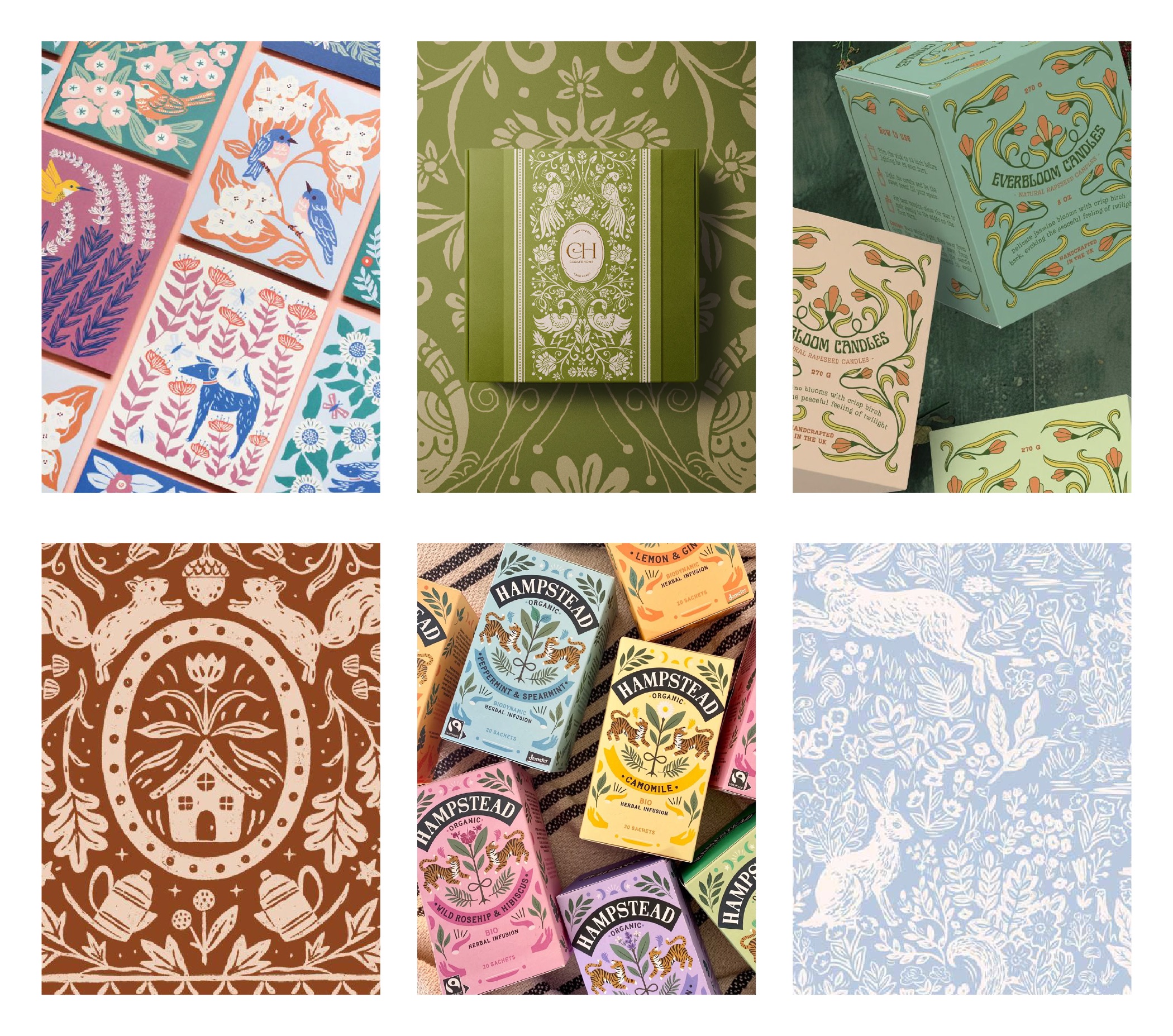 A collage of six images featuring intricately designed packaging and patterns, with floral, animal, and house motifs in pastel shades of pink, green, blue, brown, yellow, and cream.
