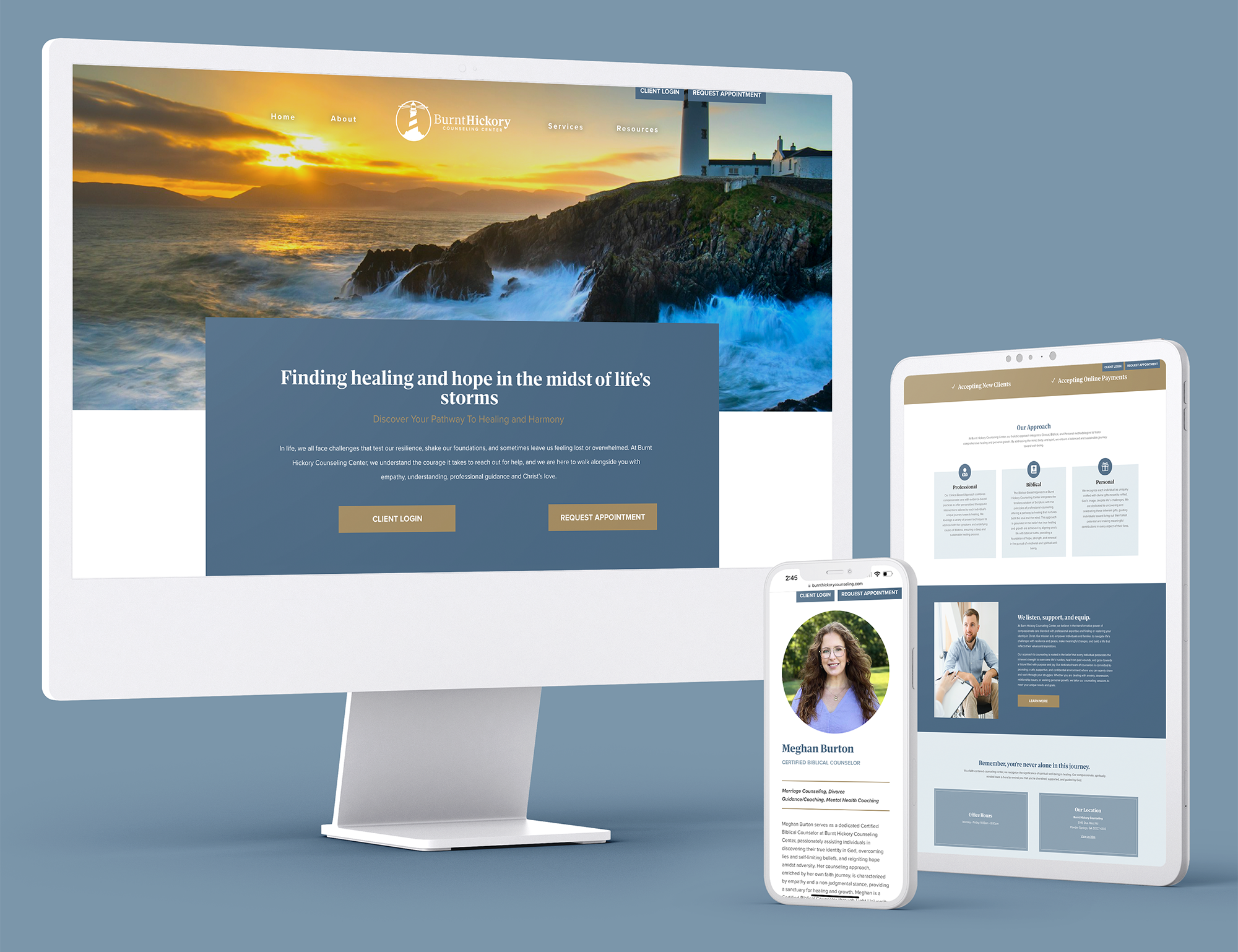 A desktop monitor, tablet, and smartphone display a counseling website with an ocean sunset banner, service details, and therapist profile on a blue background.