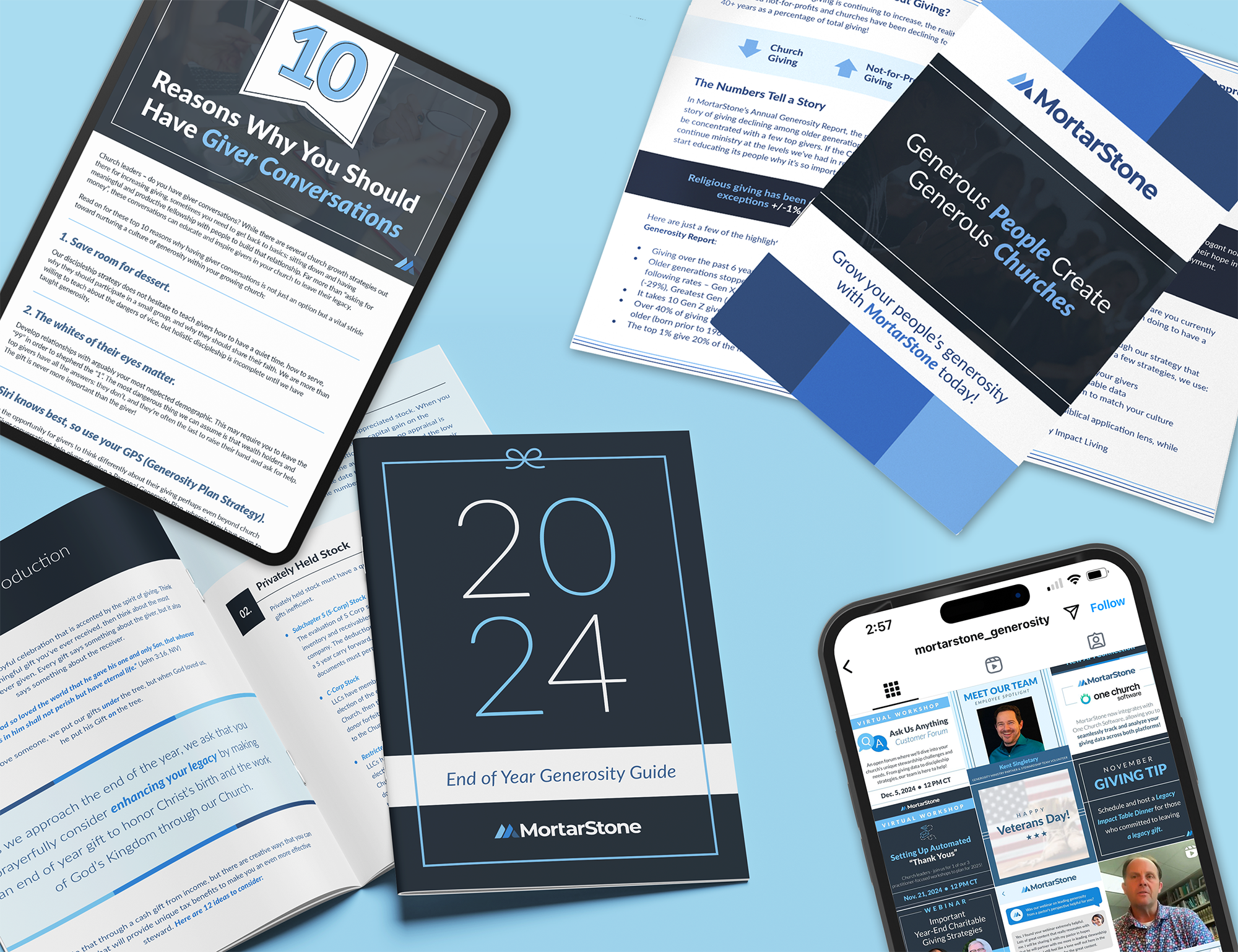 A flat lay of tablets, brochures, booklets, and a smartphone displaying guides, tips, and resources for church giving and generosity, featuring blue and white designs with the MortarStone logo.