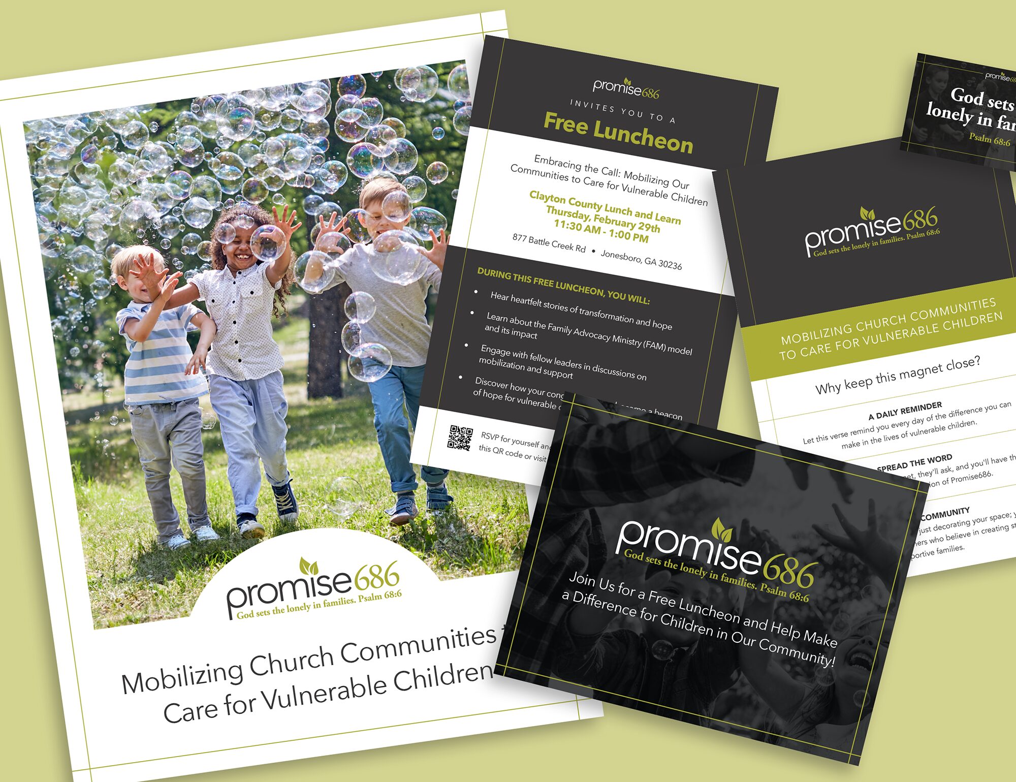 A collection of Promise686 promotional materials, including flyers and cards, featuring images of children playing, and information about a free luncheon and church community support for vulnerable children.