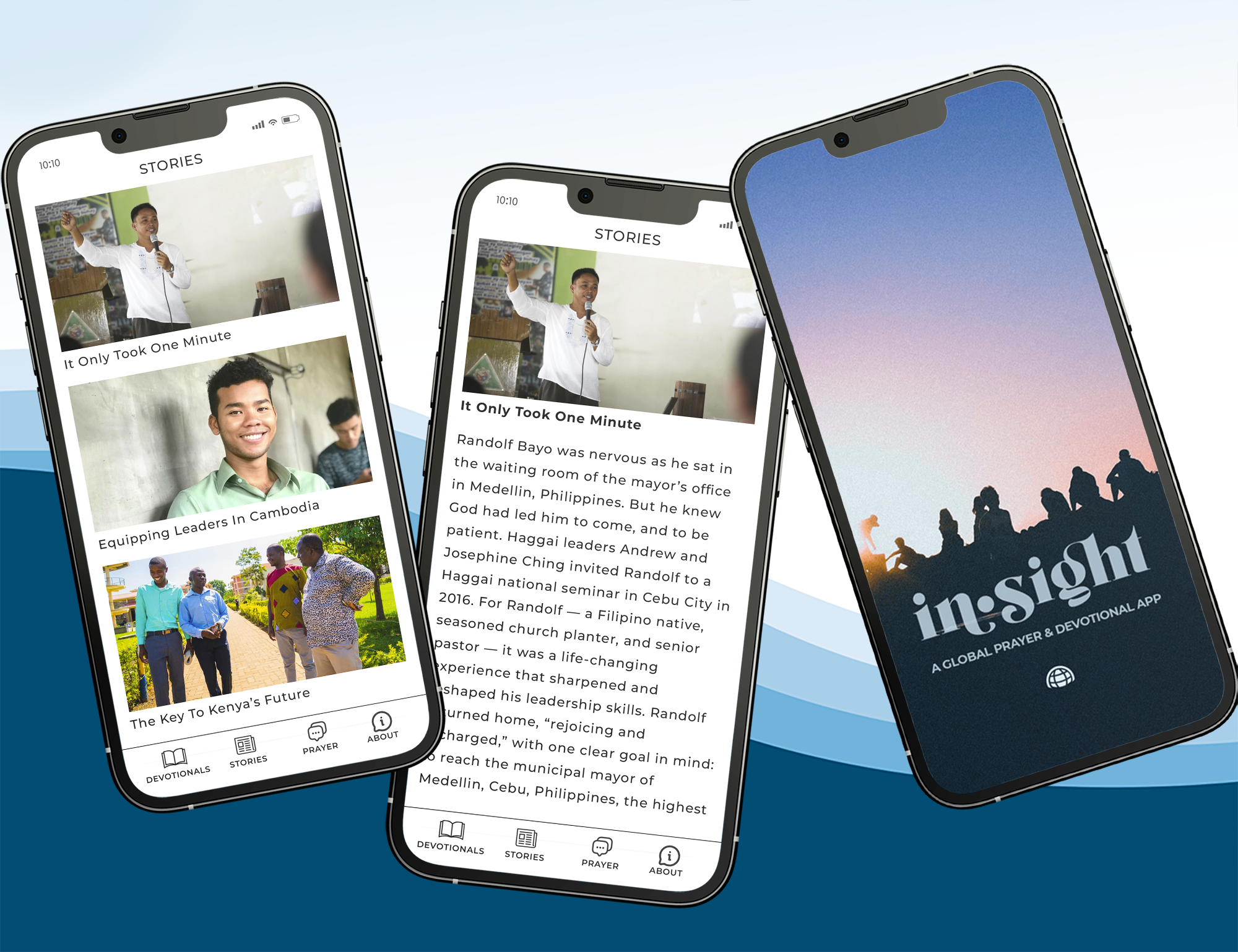 Three smartphones are shown. Two display a devotional app with stories and photos of people, while the third shows the app’s title screen, reading in:sight A GLOBAL PRAYER & DEVOTIONAL APP with a silhouette of people at sunset.