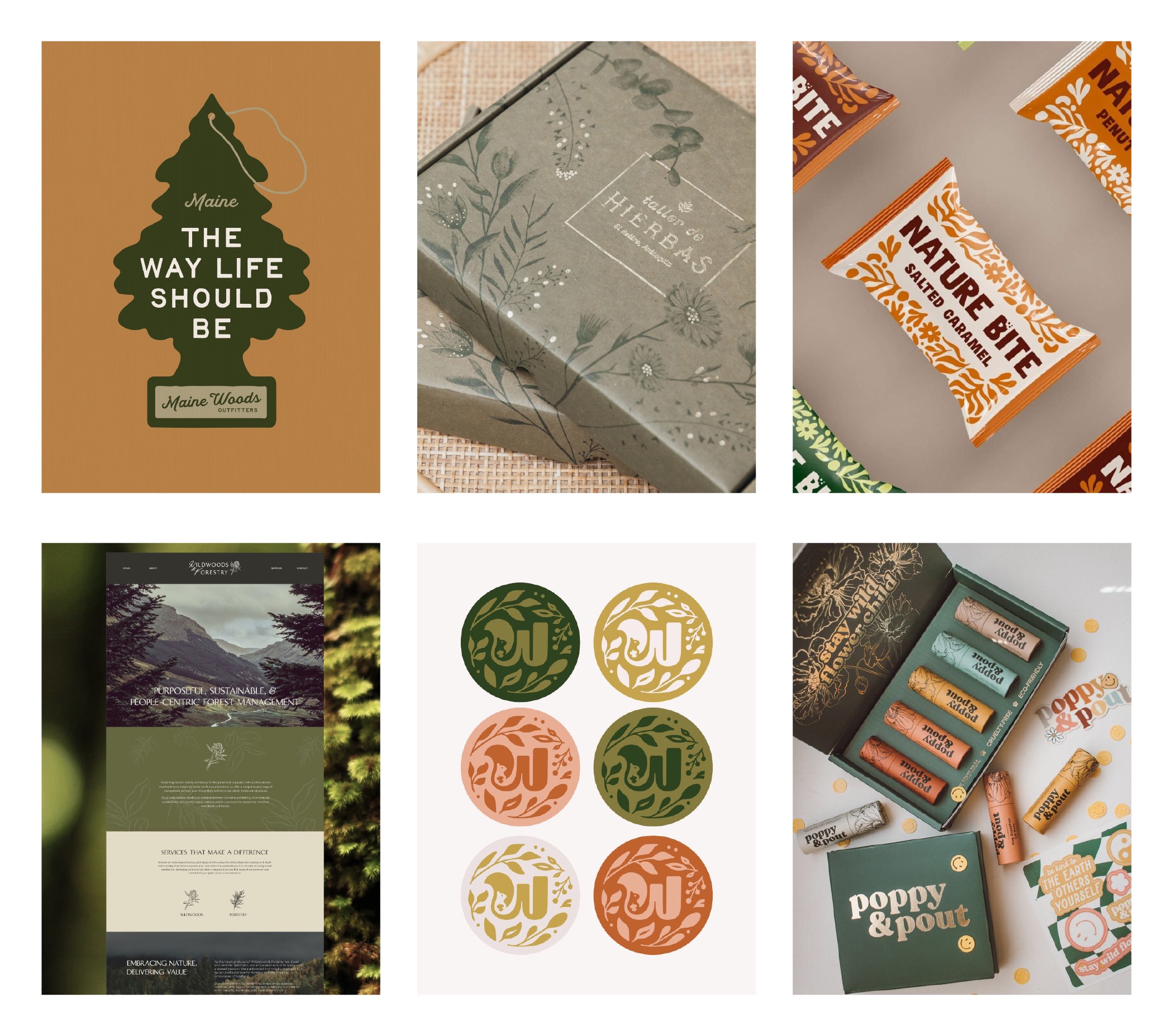 A collage of six images shows nature-inspired branding: a tree-shaped tag, a floral box, snack bar wrappers, a website with outdoor scenery, circular logo stickers, and lip balm tubes with a floral poppy & pout box.