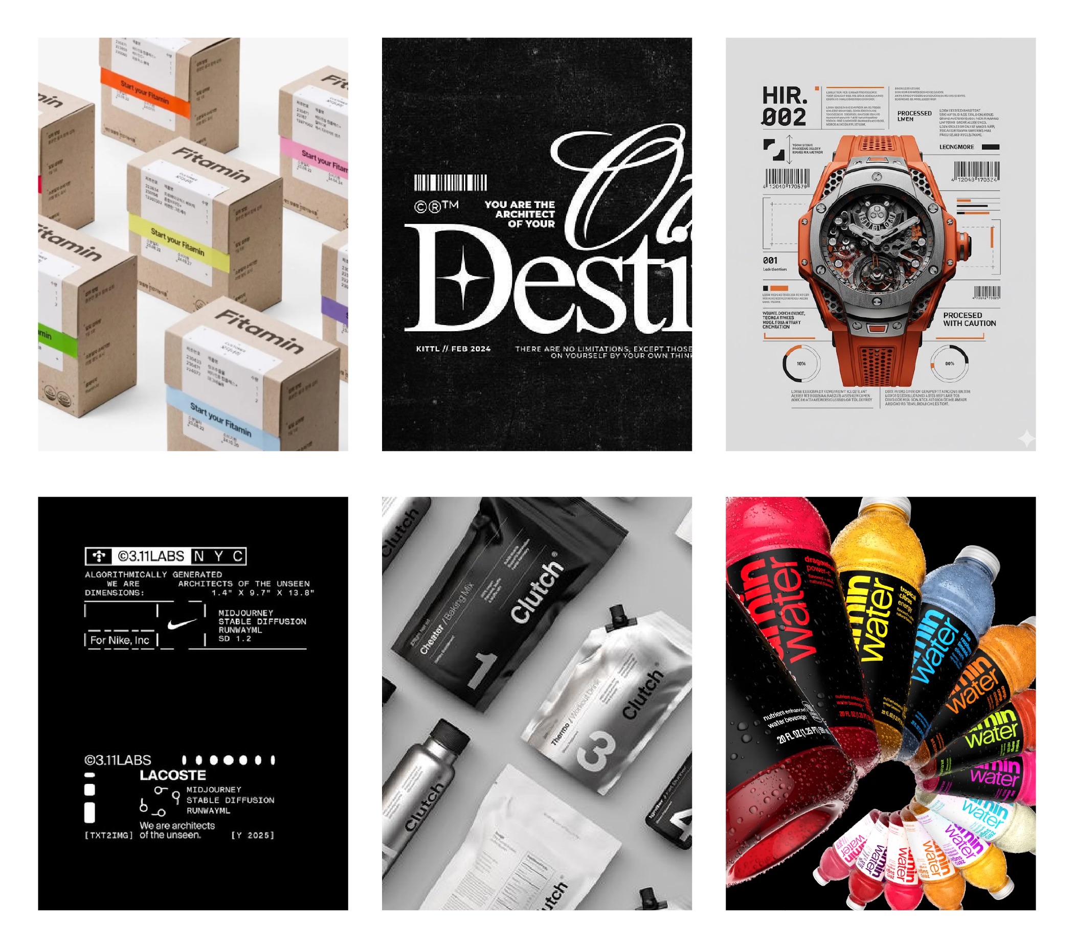 A collage of six modern graphic design examples, including supplement boxes, bold text posters, a luxury watch ad, tech-themed imagery, monochrome product packaging, and colorful bottles arranged in a semicircle.