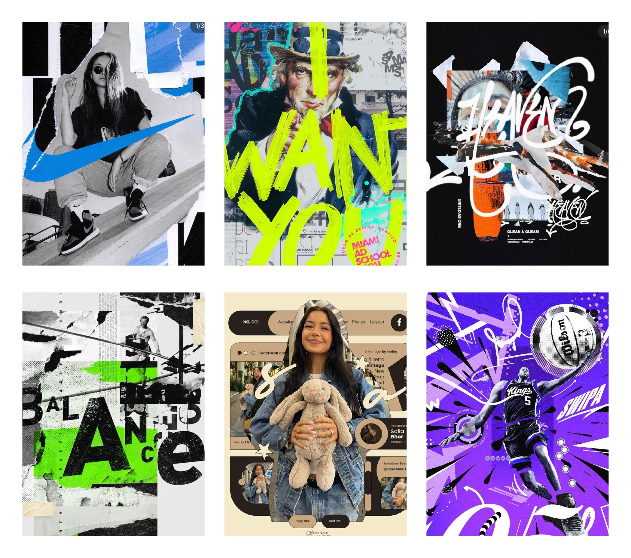 A collage of six colorful, graphic-style posters featuring various subjects: people posing, a movie character, bold text, sports scenes, and a woman holding a stuffed bunny, with vibrant abstract designs and energetic typography.