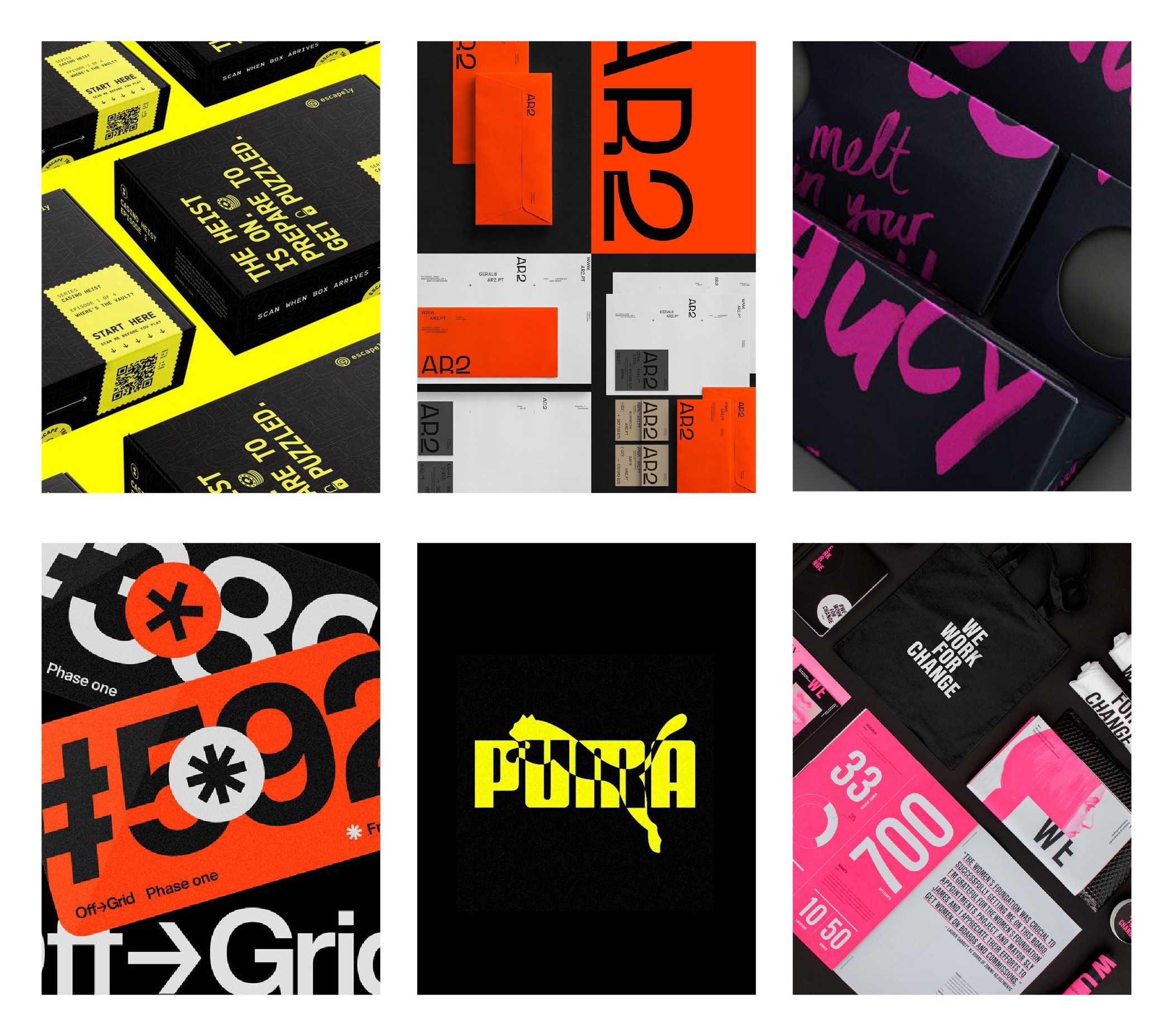 A collage of six images showing bold, modern packaging designs with bright colors, large text, and graphic elements in yellow, orange, pink, black, and white, including boxes, bags, and labels.