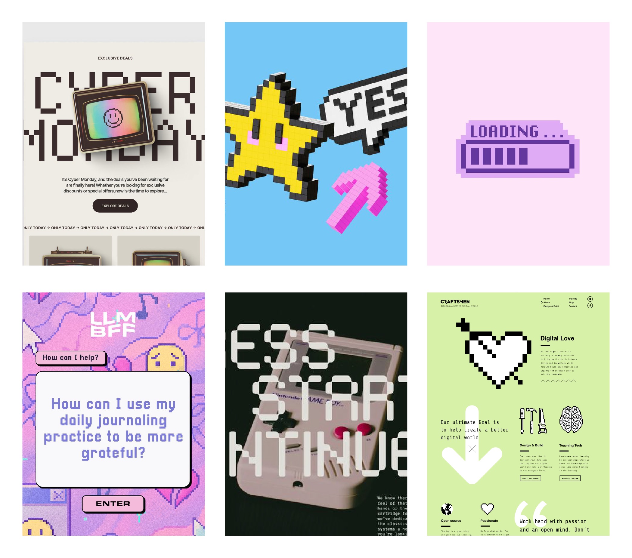 A collage of six colorful, retro-themed digital graphics with pixel art, including icons like a computer, star, progress bar, chat box, handheld game console, and heart, all featuring text elements and 90s design style.