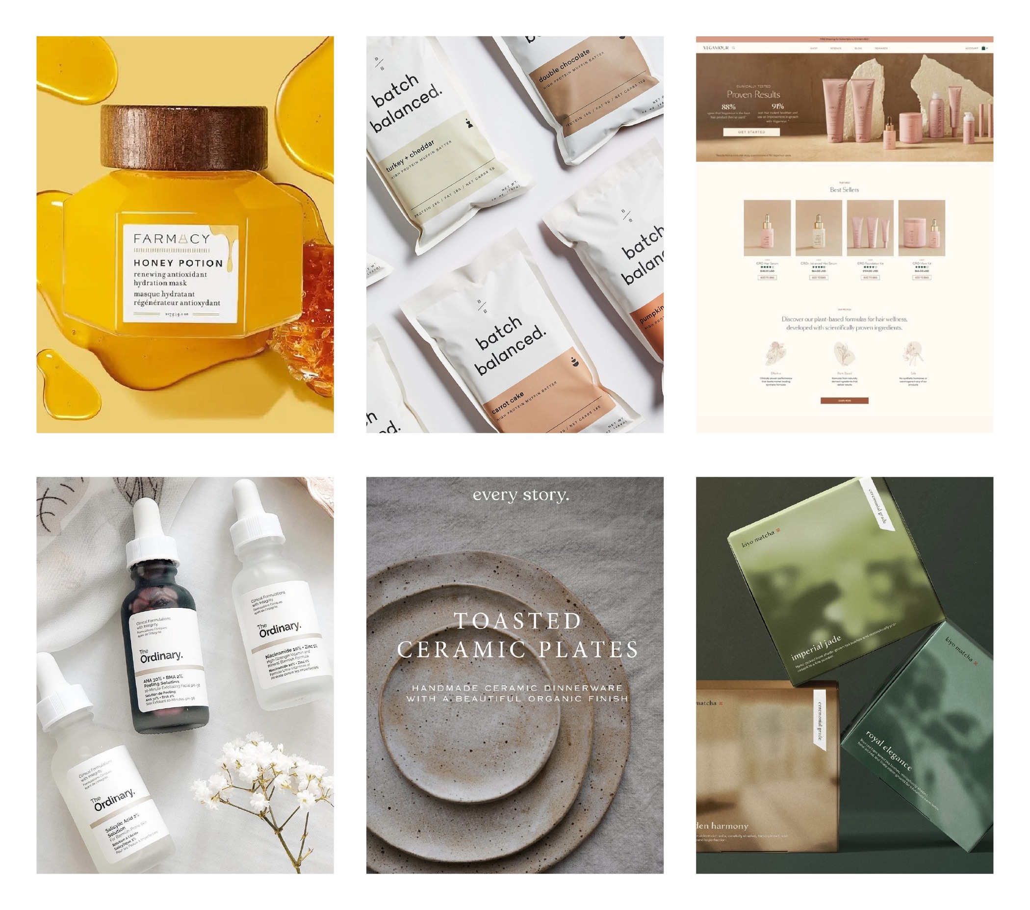 A collage of six product photos including honey jar, skincare pouches, a skincare product website, serum bottles, ceramic plates, and boxed skincare items arranged in a grid layout.